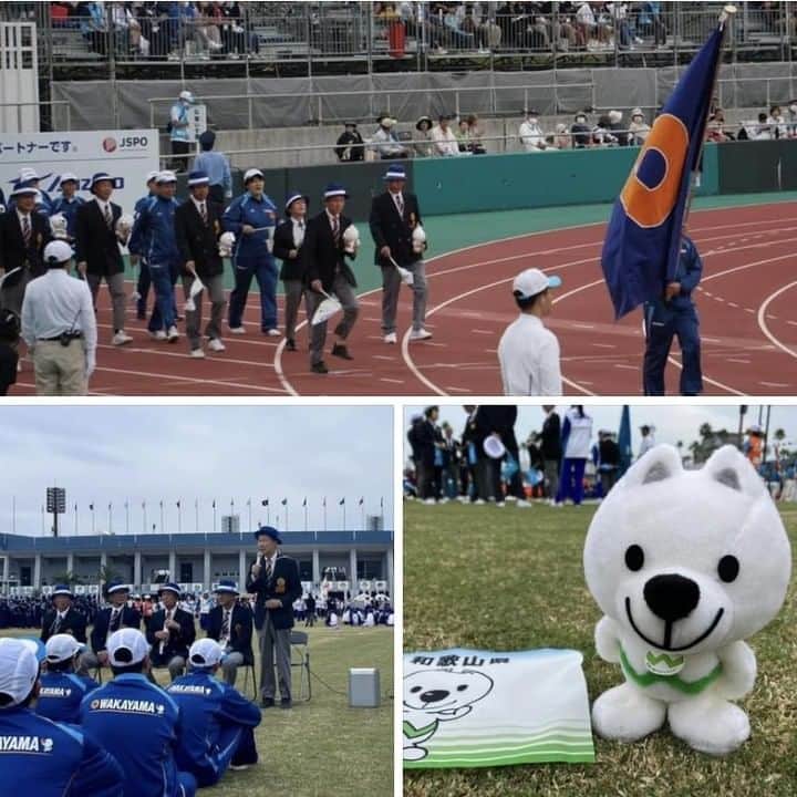 きいちゃんのインスタグラム：「【知事活動報告】 「燃ゆる感動かごしま国体」が始まりました。和歌山県選手団長として、選手団激励会と総合開会式に参加。天皇皇后両陛下ご臨席のもと、コロナ禍を乗り越えて4年ぶりの国体の開会式。マスコットのきいちゃんを胸に、旗手の後を選手の皆さんと一緒に行進。皆さん、県選手団の応援よろしくお願い申し上げます！  #和歌山県 ＃かごしま国体」