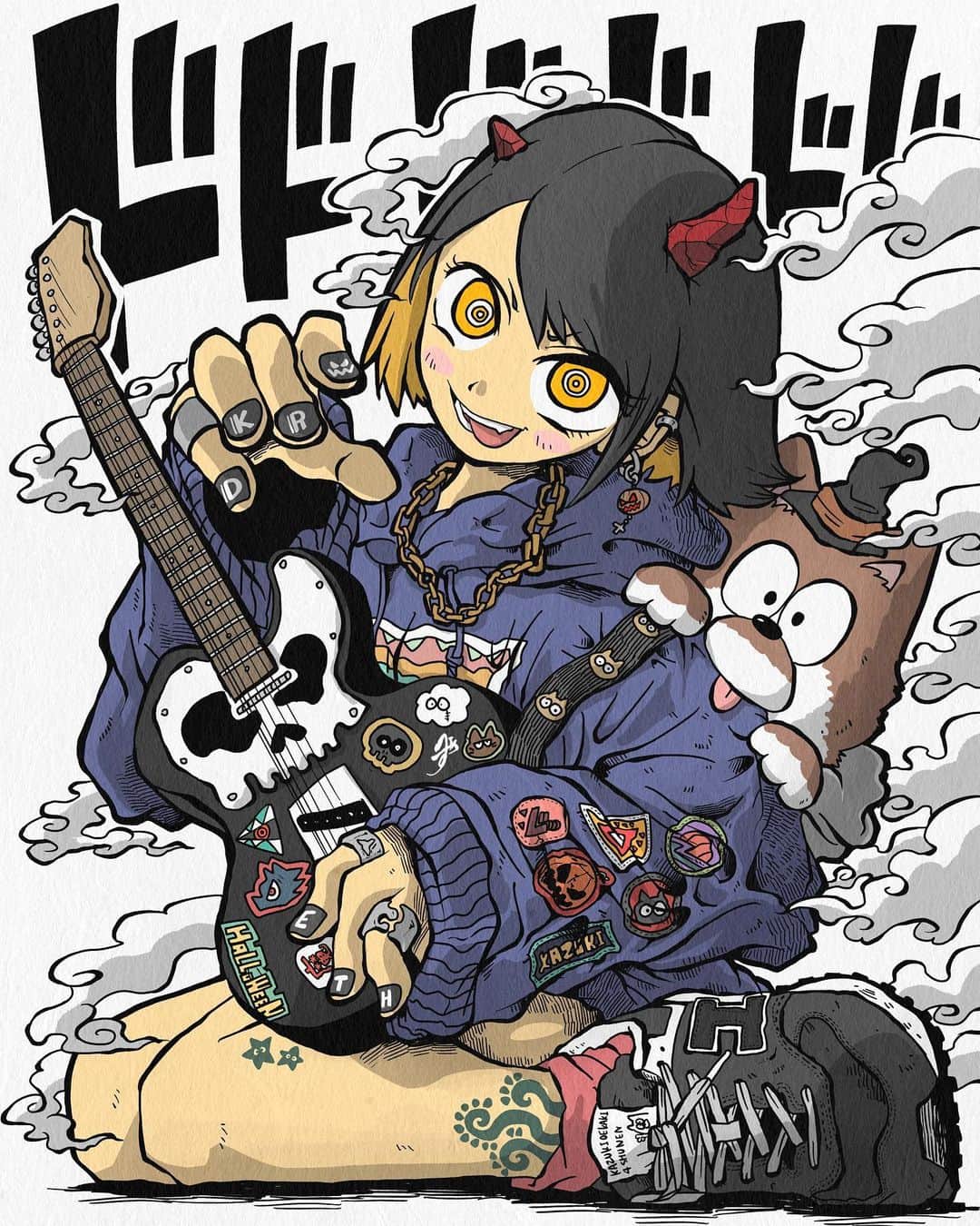 かずきおえかきのインスタグラム：「覚醒ハロウィンギタリスト🎃🎸　a serious Halloween guitarist ⁡ お久しぶり覚醒シリーズ ⁡ ⁡ ⁡ 大阪人のかずきのとってハロウィンといえばユニバです🎃 ⁡ 大学の頃一回だけ友人とコスプレユニバしたことあるのですがほんまいい思い出。 コスプレのコツはとにかく自分はイケてると信じて調子乗り続けることやと感じました。 ⁡ #ストリート系女子 #ストリートファッション #ストリートコーデ #ファッションイラスト #イラスト #お絵描き #線画 #ファッション #ギター #ギター女子 #doodle #ギター弾き語り」