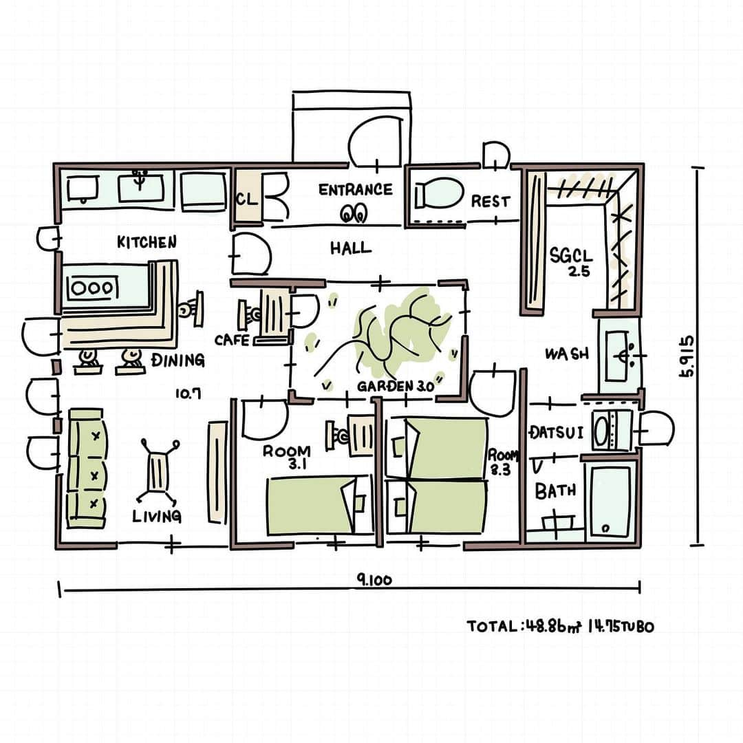kiyoshi.tabuchiのインスタグラム：「・ ・ ・ 今日、、 なんと、、 間取り、、 6プラン作った  かなり脳みそ 宇宙に行った笑  その２つが分譲で 他4つが パナソニックに プレゼンする間取り  今週パナソニックに プレゼンする前に みなさまの意見が聞きたい  14.75坪の平屋っす。 超〜狭小住宅！  キッチンをⅡ型にして 食器棚兼用のシンク 鍋等々はコンロ下とコンロ上へ  2人から3人が シンプルに暮らすお家っす  でもちゃんと 集合収納あって 脱衣所もあるんよ  2人で暮らすのであれば シングル２つを１つにして 部屋と部屋の間に引き戸を つけたら完全回遊できる  ポイントは見ての通り 中庭がある間取り！  中庭に常夜灯をつけて 廊下に照明は無しにしたい！  CAFE スペースも作ったよん  中庭で季節を感じるの〜 春の風を感じ 夏の蝉の音を聞き 秋の紅葉を見て 冬の静かさを感じる  下界は封鎖して 家の中で家族の 閉鎖的な空間にする  安心して 裸で暮らせる笑  狭小住宅は愛だ！  ハッピーーーーーーー みなさまの意見ちょーーー  株式会社house stageでは、貴方様らしさを追求した家づくりを行なっております。名古屋・京都・大阪で新築・リフォームご検討の方は是非ご用命くださいませ。全国でも設計提案も行なっております。ご興味ある方、DMくださいませー @house_stage.official #新築 #リノベーション #間取り#短編間取り小説」