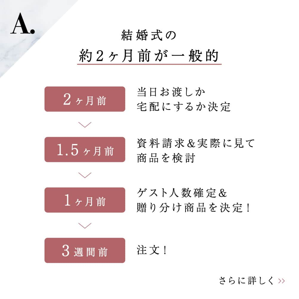 Happy Leafさんのインスタグラム写真 - (Happy LeafInstagram)「引き出物についてのギモンを解決！⠀ 姉妹ブランド HYACCA @hyacca_gift のQ&A💫⠀ ⠀ Q.引き出物はいつまでに準備＆注文すればいい？ ⇣ A.結婚式の約2ヶ月前から準備、3週間前までの注文がオススメ！  当日を安心して迎えるために 余裕をもったスケジュールで進めましょう◎  ●2ヶ月前 当日お渡し or 宅配にするかを決定  ●1.5ヶ月前 HPやショールームで商品を検討  ●1ヶ月前 ゲスト人数確定＆商品を決定  ●3週間前 注文！  HYACCAの引き出物宅配は お届けする日から3週間前までに注文✨  スマホで簡単に注文できるから ギリギリまで商品選びに悩む場合も安心です♪  ▼ご注文・お問い合わせは @hyacca_gift のURLより  ※一部の商品は人気商品のため、 在庫切れとなっている場合がございます。 在庫状況は常に変動しておりますので、 あらかじめご了承ください。  ・・・・・・・・・・⠀ ⠀ 《 HYACCAの引き出物宅配🚚 》⠀ ⠀ ☑︎ スマホでかんたんに注文が可能！ ☑︎ ￥5,000クーポン付き！資料請求、お試し購入受付中⠀ ☑︎ 15万円(税込)以上のご注文で スペシャルプレゼント✨⠀ ☑︎ お届け先1か所につき 　￥4,400(税込)以上のご注文で送料無料 　※一部商品を除く⠀ ＿＿＿＿＿＿＿＿＿＿＿＿＿＿⠀ ⠀ ⠀ #引き出物宅配 #引出物宅配 #引き出物 #引出物 #引き菓子 #引菓子 #引き出物選び #引出物選び #ヒキタク #結婚準備 #結婚式準備 #プレ花嫁 #プレ花嫁準備 #全国のプレ花嫁さんと繋がりたい #ウェディングギフト #2023秋婚 #2023冬婚 #ちーむ1202 #ちーむ1203 #ちーむ1209 #ちーむ1210 #ちーむ1216 #ちーむ1217 #ちーむ1223 #ちーむ1224 #ちーむ1230 #ちーむ1231 #ちーむ0103 #ちーむ0106 #ちーむ0107」10月8日 20時00分 - hyacca_wedding