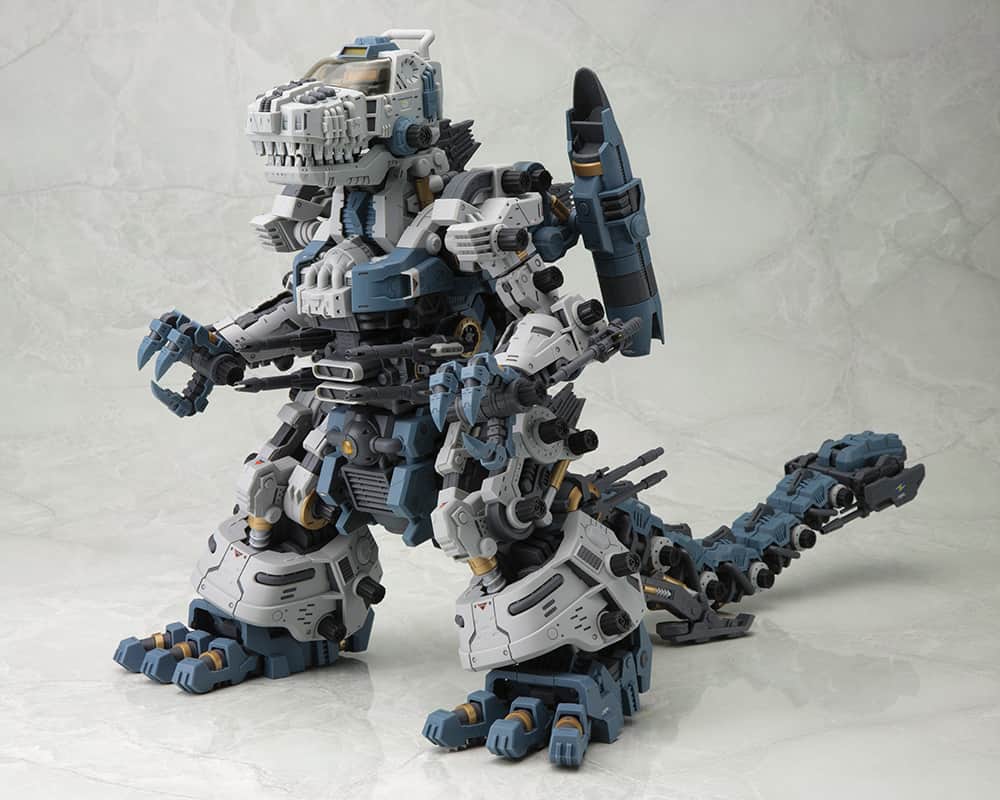 のインスタグラム：「Zoids fans are invited once more!  The dinosaur-type Zoid Gojulas, which was released to celebrate the 30th anniversary of Zoids and is the largest kit in HMM history, is back with bonus parts! Coming in at 322mm (H) × 513.5mm (L) × 195mm (W), this absolute monster of a kit is a blast to build. The proportions have been arranged to be more aggressive for the HMM series, thus allowing for more powerful posing! Joints in various parts of the model are also articulated to be able to create poses with fierce roars and fighting scenes. In addition to the decals from the last version, a whole new set of decals reminiscent of the first series of Zoids is included. What’s more, a set of colorless clear parts is included so that those who prefer to paint their models themselves can do so in combination with the various colored parts.  Add the most powerful weapon in the Helic Republic's arsenal to your collection today!  Features:  ・The polyethylene caps in each joint that support the humongous body of the Zoid are larger to ensure stability when displayed. ・The cockpit hatch on the head can open and close, and hold the included pilot figure. ・The Zoid Core inside the abdomen is removable. ・The container block on the tip of the tail can be opened to extend the Maxer 30mm Beam Cannon. The Maxer 50mm Cannons on the sides of the tail tip can also be stowed inside the tail. ・The model's heels are articulated, allowing the model to lean forward. ・Includes a set of colorless clear parts as bonus parts. ・Decals of various emblems and warning signs are included and can be applied as desired for a more show-accurate finish.  © ＴＯＭＹ　　ZOIDS is a trademark of ＴＯＭＹ Company,Ltd. and used under license.  Available April 2024.」