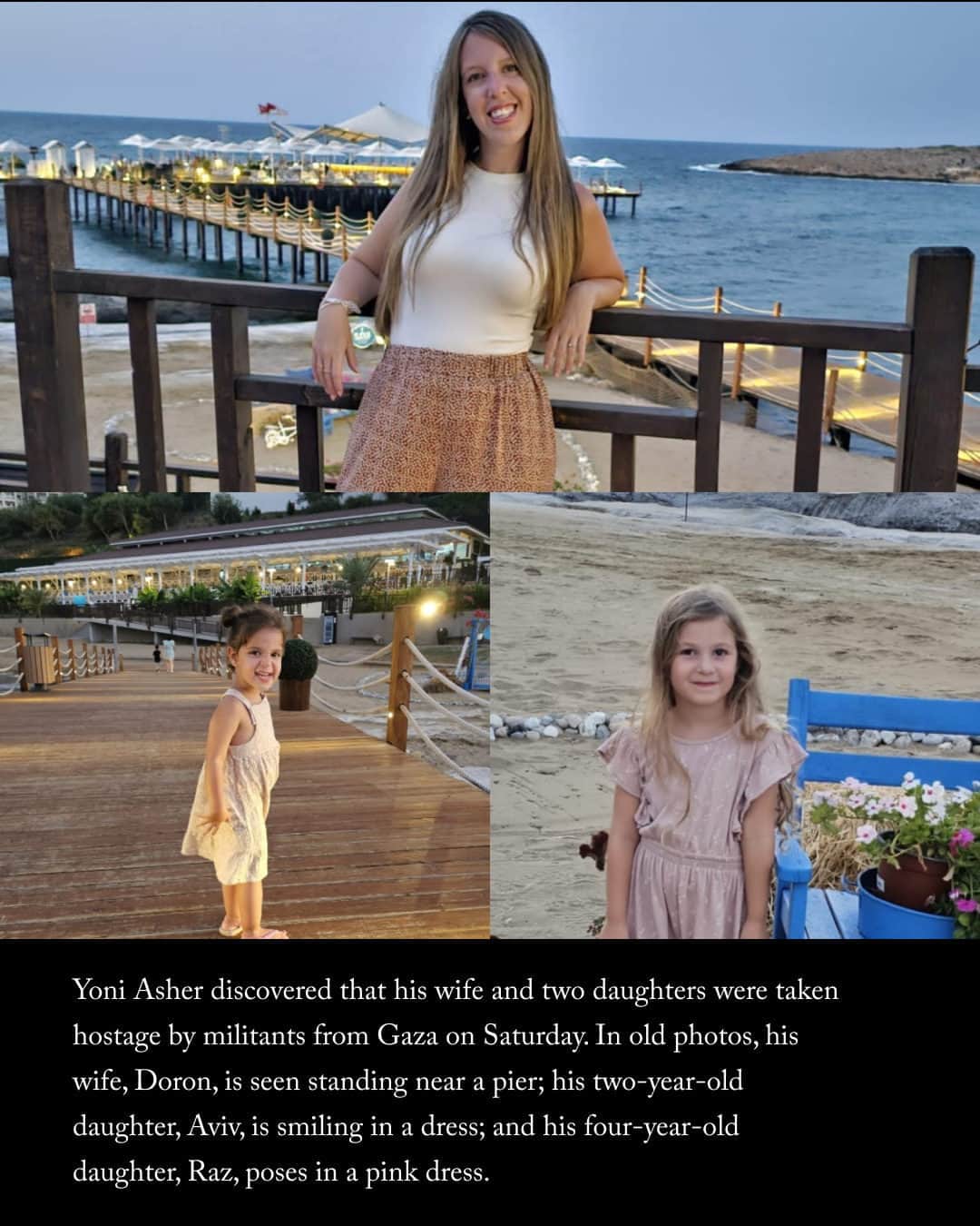 The New Yorkerのインスタグラム：「On Saturday, Palestinian militants, led by Hamas, the Islamist group that controls Gaza, rampaged through southern Israeli communities, spraying bullets at motorists and passersby, attacking a desert rave, raiding civilian homes and military bases, and kidnapping Israeli soldiers and civilians. The Israeli Army retaliated with a series of air strikes across Gaza; as of Sunday, the area has effectively become a war zone.  Before the start of the weekend, Yoni Asher, a 37-year-old real-estate consultant from Ganot Hadar, a community in central Israel, had said goodbye to his wife, Doron, and their daughters, Raz, who is four, and Aviv, who is two. They had gone to southern Israel to visit Doron’s mother’s house. But early Saturday morning, news surfaced that his mother-in-law’s community had been infiltrated by Palestinian militants. The militants had discovered his wife and daughters, along with his mother-in-law, and taken them hostage. “I’ll leave no rock unturned until we’re reunited,” Asher told Adam Rasgon. Read the father’s story at the link in our bio. Photographs courtesy Yoni Asher.」