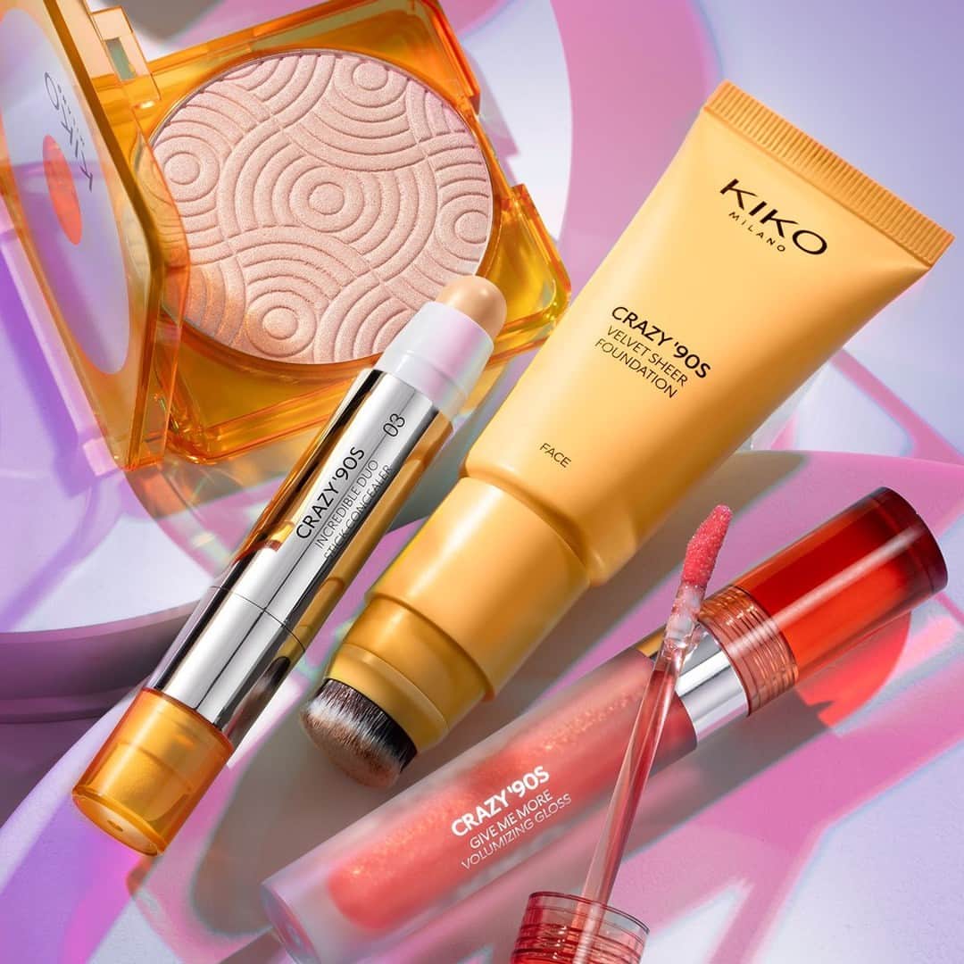 のインスタグラム：「The ‘90s is all about flawless skin & juicy lips! 💿 Which of these #KIKOCrazy90s goodies would you like to try first?⁣ ⁣ Full Star Face & Body Highlighter - Velvet Sheer Foundation - 2-In-1 Face Contour Stick 03 - Give Me More Volumizing Gloss 02⁣ ⁣」