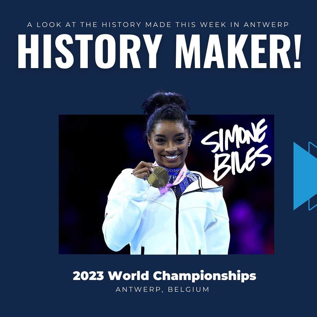 Inside Gymnasticsさんのインスタグラム写真 - (Inside GymnasticsInstagram)「The G.O.A.T at a glance! 🐐Take a look at some of Simone Biles’ stats and the history made at her 6th World Championships! ➡️  #antwerp2023 #getmovedbymotion #ARTWorlds2023 #gymnastics #simonebiles」10月9日 1時18分 - insidegym