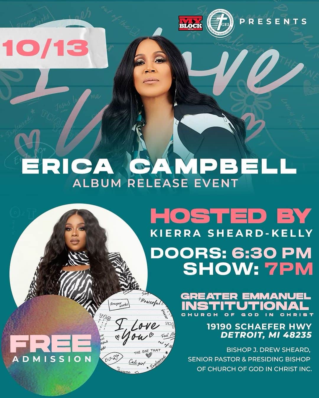 エリカ・キャンベルのインスタグラム：「Detroit! You asked so we had to make it happen! I’m hanging out with my sis @kierrasheard on October 13th. I want to see EVERYBODY at @geicogic. I can’t wait!!!!   #ECILoveYou #ILoveYou #newmusicalert #albumrelease #EricaCampbell」
