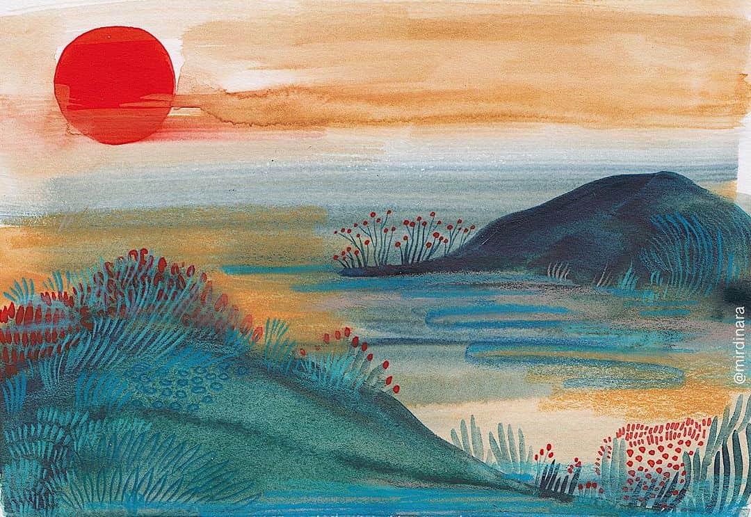 Dinara Mirtalipovaのインスタグラム：「Imaginary landscape studies in watercolor and gouache. Golden autumn sky over cold blue marsh.  #mirdinara #dinaramirtalipova #landscapestudy #thisisohio」
