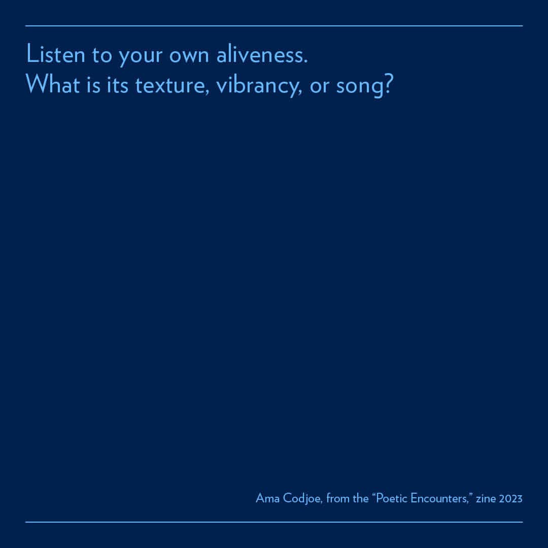 のインスタグラム：「Listen to your own aliveness. What is its texture, vibrancy, or song?  Download the "Poetic Encounters" zine by Guggenheim Poet-in-Residence Ama Codjoe at the link in our bio. #GuggenheimPoetry ___ The Guggenheim Poet-in-Residence is made possible by Van Cleef & Arpels (@vancleefandarpels). Text: © 2023 Ama Codjoe; "Poetic Encounters."」