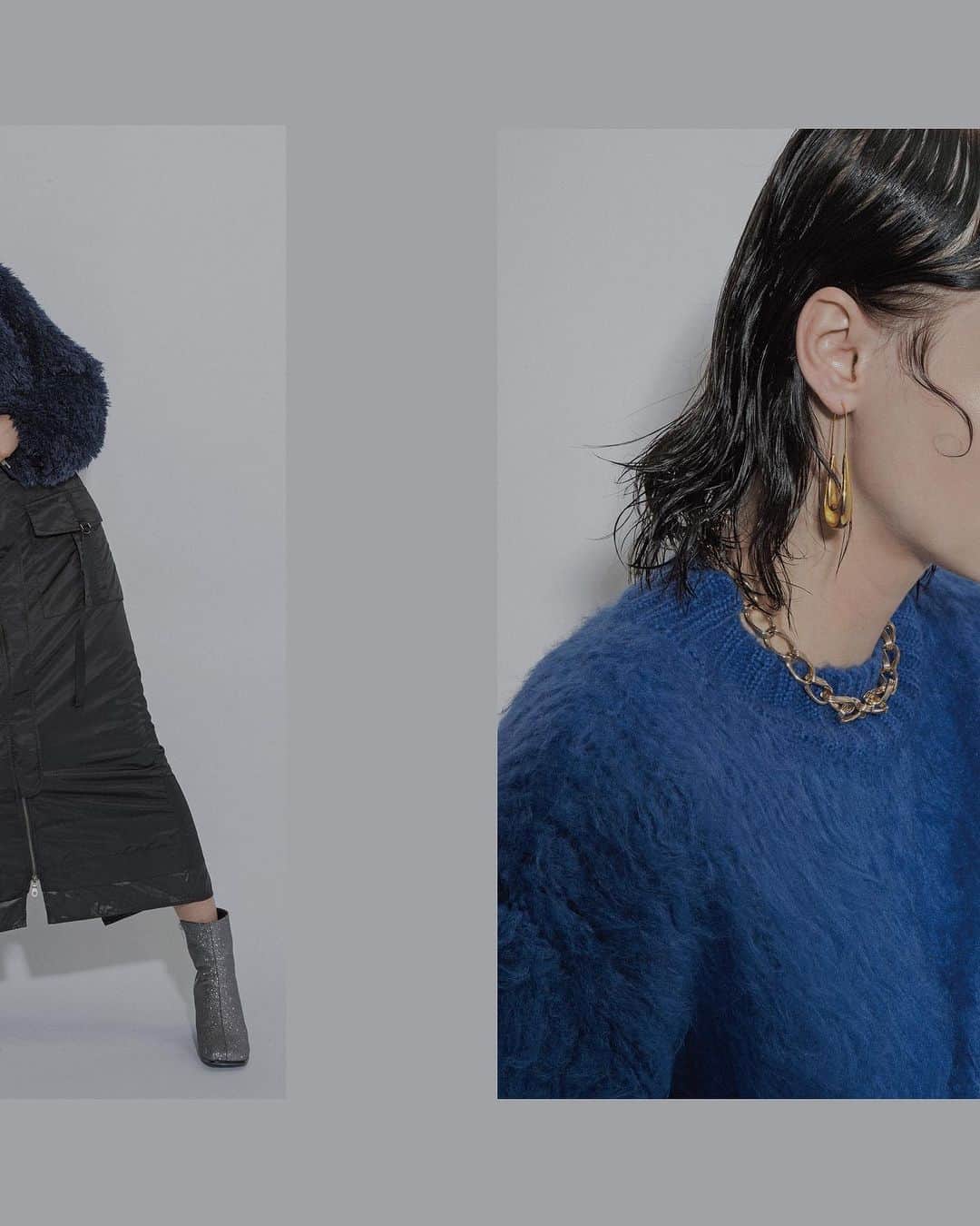 AULA AILAのインスタグラム：「【2023 WINTER COLLECTION】  FAKE SHEEP FUR CARDIGAN COLOR NAVY SIZE 0 ¥23,100  MA-1 SKIRT COLOR BLACK SIZE 0/1 ¥19.800  COLOR LINE SHAGGY KNIT COLOR BLUE SIZE 0 ¥17,600  FLARE BALLOON SKIRT COLOR IVORY SIZE 0/1 ¥19,800  ✔️AULA AILA OFFICIAL WEB STOREにて発売中」