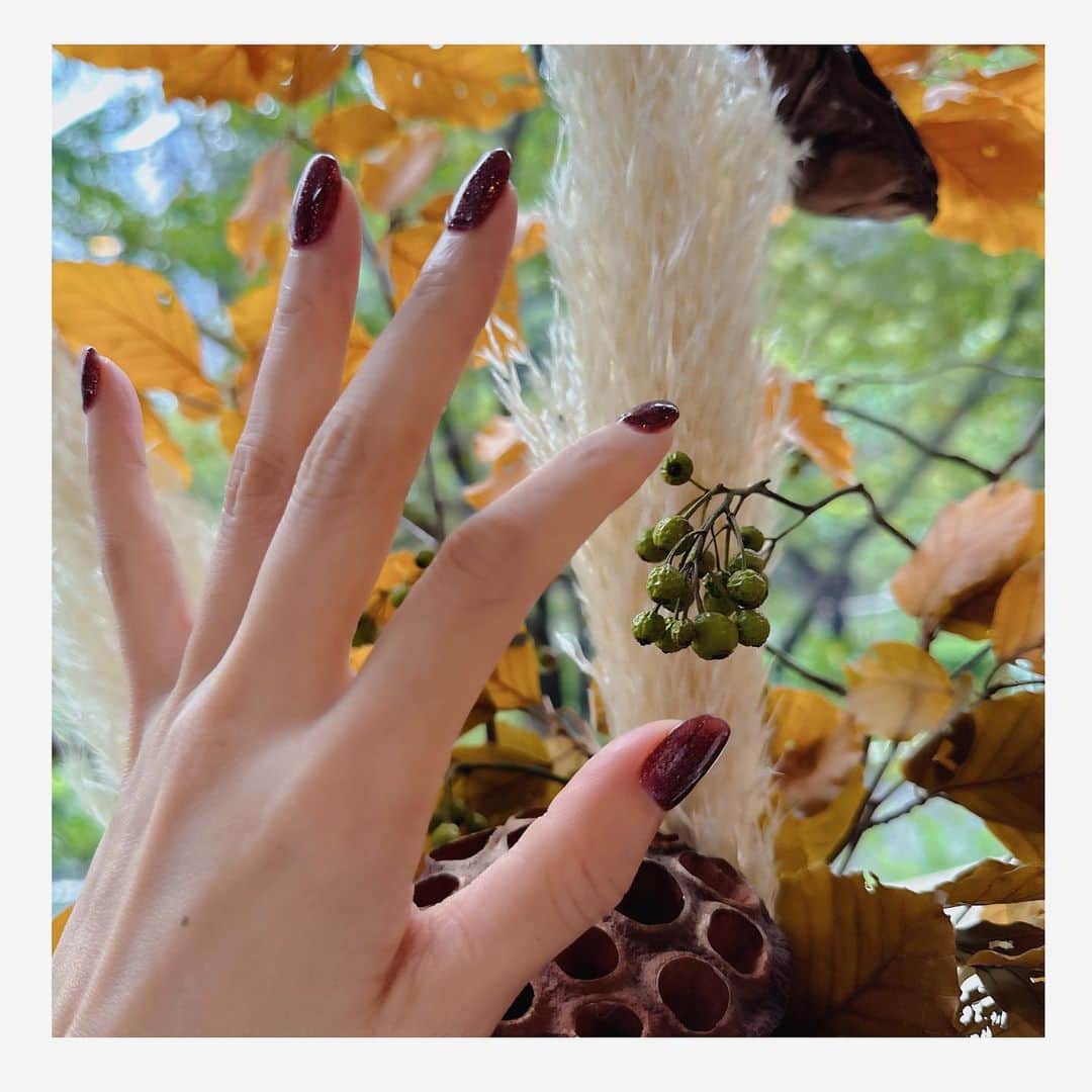金子エミのインスタグラム：「秋のネイルと秋の飾り🍂🍁🎃🍃  次のお仕事まで、普段塗ることのない ボルドー色を塗ってみました。 昼間はボルドー色に見えて、夜はブラウンにも見えて 色の変化を楽しめます。  小さな秋がなく、一気に大きな秋！ 皆さまお身体に気をつけてお過ごし下さい。  #秋のネイル #ネイルポリッシュ #ボルドーネイル」