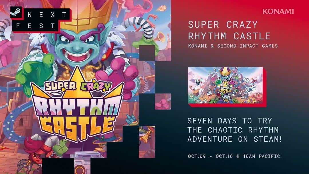 KONAMIのインスタグラム：「Feel the rhythm, unleash the chaos! SUPER CRAZY RHYTHM CASTLE demo is FREE NOW during #SteamNextFest, Oct 9-16! 🤩🏰  P.S., we are not responsible for any side effects including foot tapping and humming to the beat 🎶」