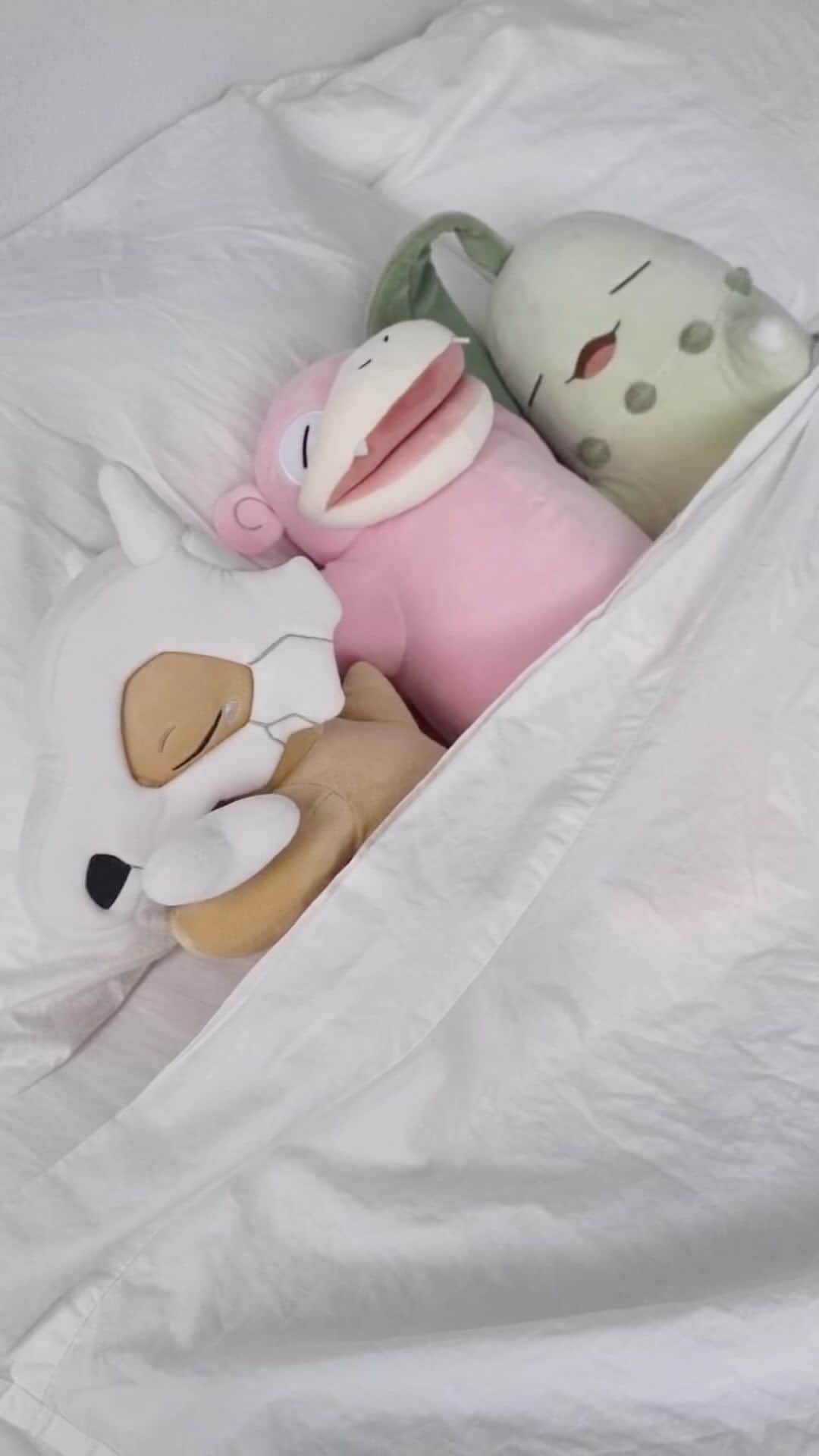 のインスタグラム：「Shhh! They’re sleeping 😴  Pokémon Dreams Plush Pikachu, Slowpoke, Cubone, and Chikorita are dozing away at Pokémon Center.  Available now at link in bio.」