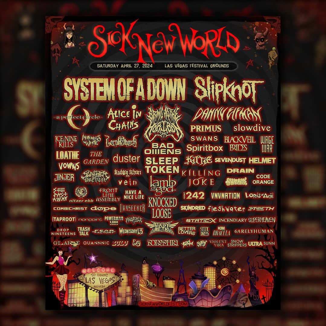 Slipknotのインスタグラム：「Sick New World: April 27, 2024 in Las Vegas, NV  Pre-sale begins Friday, October 13 at 10am PT: sicknewworldfest.com @sicknewworld」