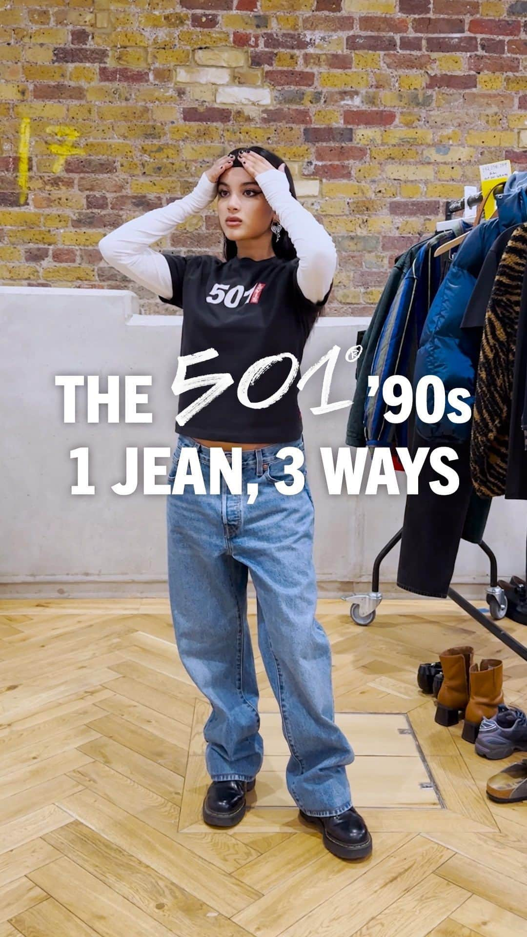 Levi’sのインスタグラム：「1 jean, 3 ways to wear—featuring the 501® ’90s.   We realize we just threw a lot of numbers at you. All you really need to know? You get a LOT of potential new outfits with this single pair of slouchy, decade-defining denim.  Shop the looks from head to toe now via link in bio and stories.」