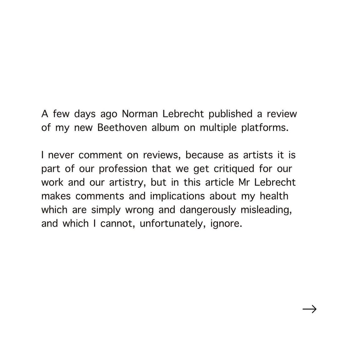 アリス＝紗良・オットのインスタグラム：「My comments in response to a recent album review by Norman Lebrecht in which he made false and misleading implications about my health.」