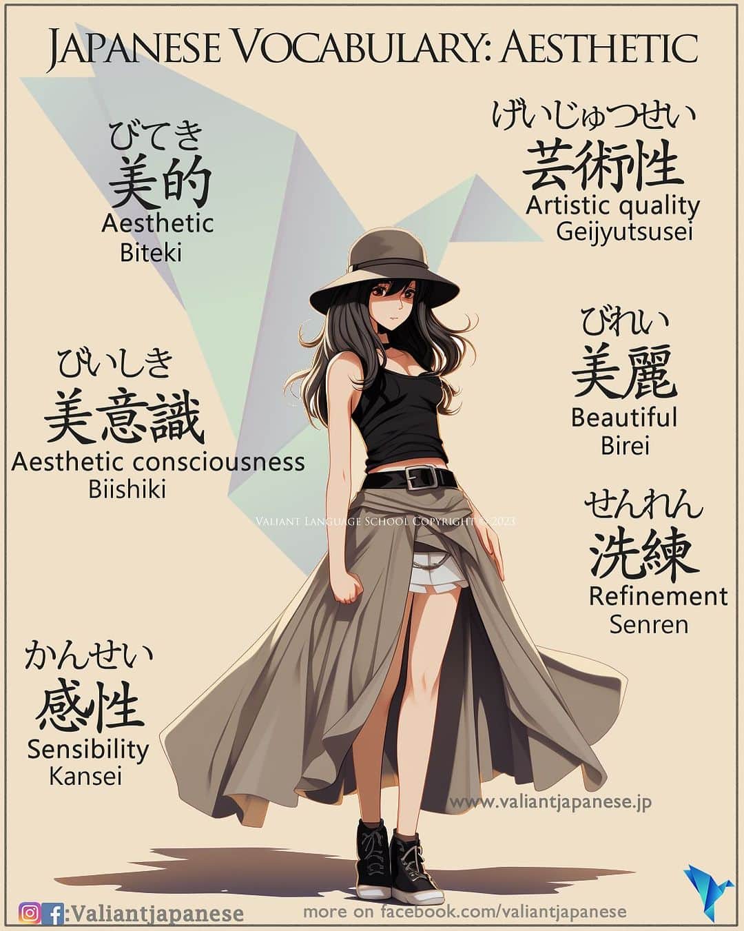 のインスタグラム：「👩‍🏫:Start Studying Japanese now! New beginner classes starting!  Simple Japanese : Aesthetic . Use code : OCTVJ10 To get 10% off on our shop .  Example Sentences below 👇  美的 (Biteki) - Meaning: "aesthetic" or "aesthetically pleasing"  Example Sentence: 彼の写真は美的な要素が豊富です。 (Kare no shashin wa biteki na youso ga houfu desu.) Translation: His photos have a rich aesthetic quality. 美学 (Bigaku) - Meaning: "aesthetics" or "the study of beauty"  Example Sentence: 美学についての本を読むのが好きです。 (Bigaku ni tsuite no hon o yomu no ga suki desu.) Translation: I enjoy reading books about aesthetics. 美麗 (Birei) - Meaning: "beautiful" or "gorgeous"  Example Sentence: その庭園は美麗な景色でいっぱいです。 (Sono teien wa birei na keshiki de ippai desu.) Translation: The garden is filled with beautiful scenery. 芸術性 (Geijutsusei) - Meaning: "artistic quality" or "artistry"  Example Sentence: この絵画の芸術性は称賛に値します。 (Kono kaiga no geijutsusei wa shousan ni ataimasimasu.) Translation: The artistic quality of this painting is commendable. 洗練 (Senren) - Meaning: "refinement" or "sophistication"  Example Sentence: 彼女のファッションは洗練されています。 (Kanojo no fasshon wa senren sareteimasu.) Translation: Her fashion is sophisticated. 感性 (Kansei) - Meaning: "sensibility" or "aesthetic sense"  Example Sentence: 彼の感性は独自で美しいです。 (Kare no kansei wa doksei de utsukushii desu.) Translation: His sensibility is unique and beautiful. 美意識 (Bii-shiki) - Meaning: "sense of beauty" or "aesthetic consciousness"  Example Sentence: 日本文化には美意識が根付いています。 (Nihon bunka ni wa bii-shiki ga nezuiteimasu.) Translation: A sense of beauty is deeply ingrained in Japanese culture. 趣味 (Shumi) - Meaning: "hobby" or "interest"  Example Sentence: 花のアレンジメントは彼女の趣味です。 (Hana no arenjimento wa kanojo no shumi desu.) Translation: Flower arrangement is her hobby and interest.  #tshirts  #shinjuku  #新宿 #東京 #tokyo」
