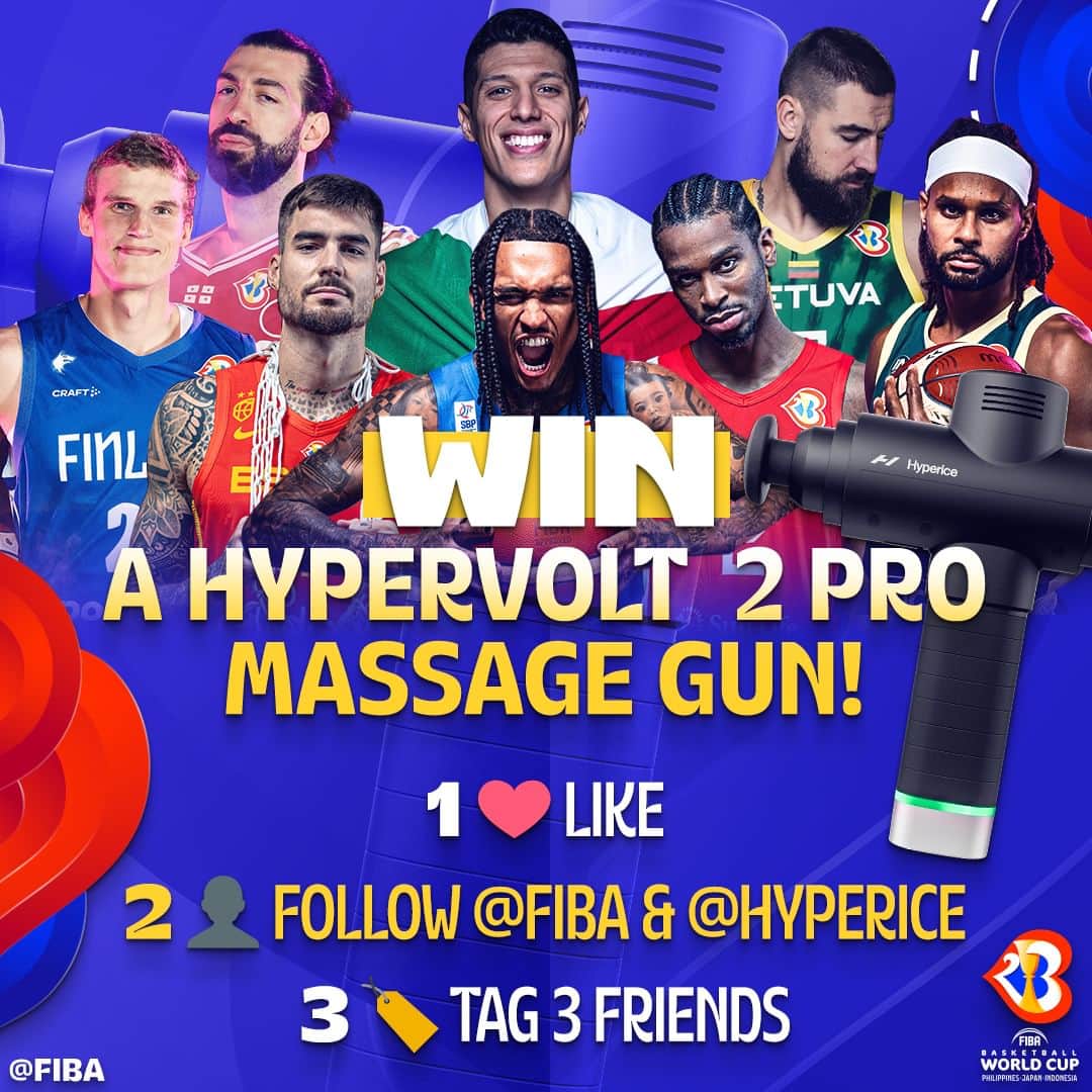 FIBAのインスタグラム：「🎁 WIN a Hypervolt 2 Pro massage gun!  ❤️ LIKE this post! 👤 FOLLOW @fiba and @hyperice! 🏷️ Tag 3 friends!」