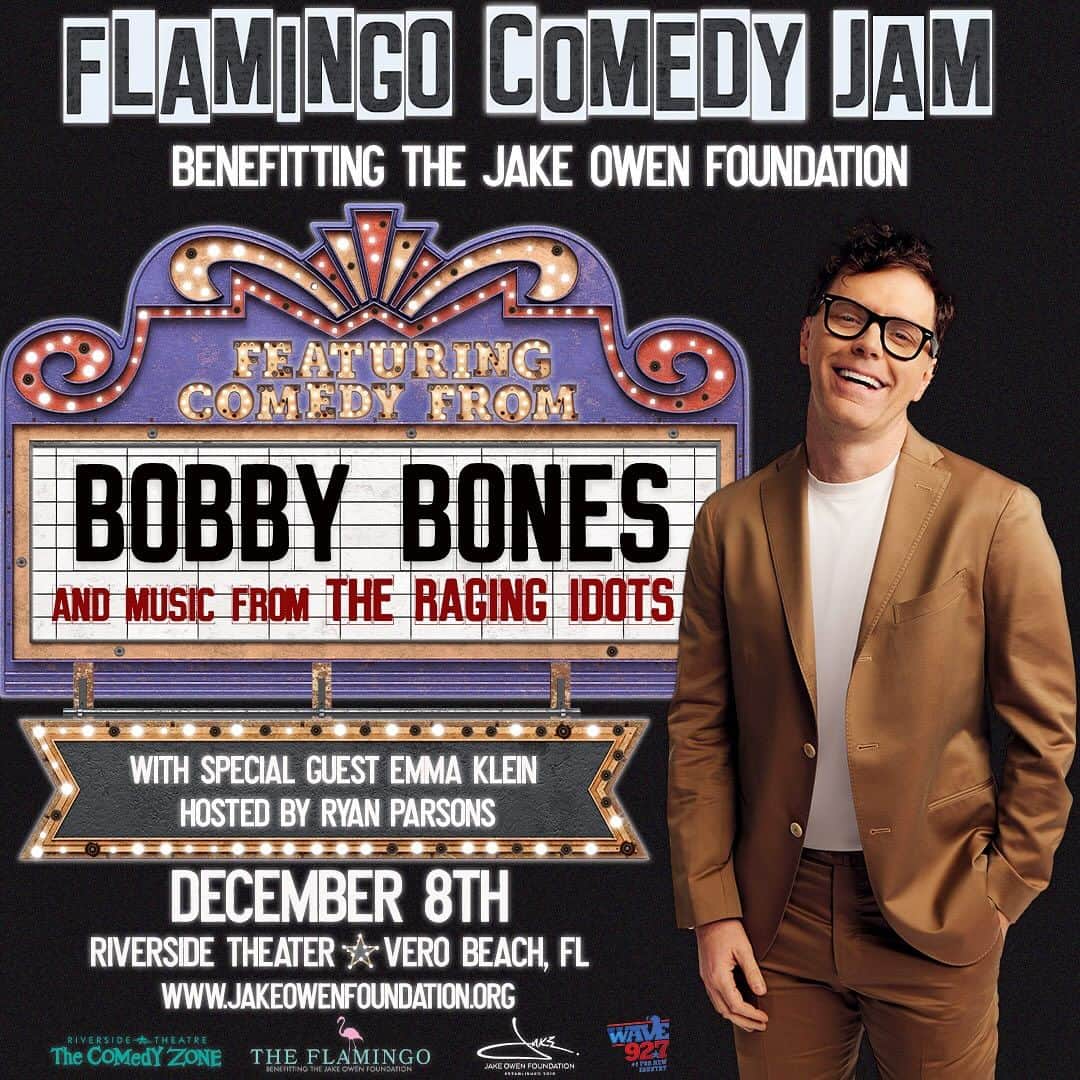 ジェイク・オーウェンのインスタグラム：「So fired up and grateful for my friend who always shows up when you ask even when he doesn’t have to ….@mrbobbybones headlining our first ever Flamingo 🦩 Comedy Jam December 8th in my hometown of Vero Beach, FL! Tix on sale Thursday! Who’s coming?!? It’s an entire weekend full of great events all benefitting @jakeowenfoundation」