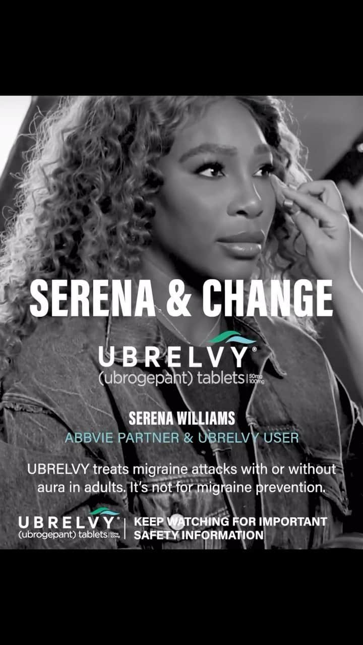 セリーナ・ウィリアムズのインスタグラム：「#AbbViePartner Loving myself includes prioritizing my own health, including my #migraine treatment. I struggled with migraine attacks for years. After talking with my doctor, I was prescribed UBRELVY® (ubrogepant), which has allowed me to have fast migraine pain relief within 1-2 hours without worrying if it’s too late to take it or where I am. As a mom, athlete and businesswoman, I know firsthand the importance of change. I believe we’re always evolving, and if you also live with migraine attacks, it’s important to remember that change can be a good thing. If you’re struggling to manage your migraine symptoms, ask your doctor about UBRELVY® as a treatment option.   Please see full Patient Information here: http://abbv.ie/00ac64    In clinical studies, people took UBRELVY® within 4 hours of a migraine attack. In clinical studies, most people had pain relief and some even had paid freedom within 2 hours. Some experienced pain relief within 1 hour.   UBRELVY® is a prescription medicine used to treat migraine attacks in adults. It’s not for migraine prevention.   Do not take with strong CYP3A4 inhibitors or if allergic to UBRELVY®. Allergic reactions can happen and may occur hours to days after use. Get medical help right away if you have swelling of the face, mouth, tongue, or throat or trouble breathing. The most common side effects were nausea and sleepiness.   Ask your doctor whether UBRELVY® is right for you.    For U.S. consumers only.   Serena Williams is a paid spokesperson for AbbVie.」