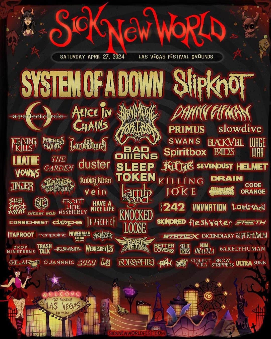 Rock Soundのインスタグラム：「Oh. My. God.  Sick New World have just unveiled a truly incredible lineup for 2024 including...  System Of A Down Slipknot Bring Me The Horizon Bad Omens Sleep Token Knocked Loose Babymetal Motionless In White Black Veil Brides Ice Nine Kills Spiritbox Polyphia and so many more!  #rock #metal #numetal #alternative #sicknewworld #slipknot #systemofadown #bringmethehorizon」