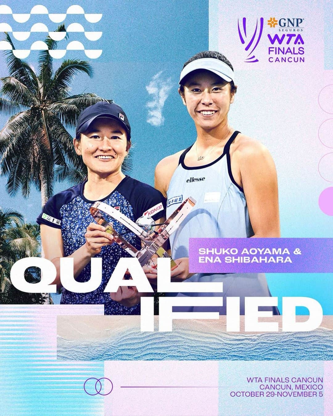 柴原瑛菜のインスタグラム：「Next stop ✈️ Cancun   @enashibs and @shuko.aoyama become the first all-Japanese team to qualify twice for the @wtafinals 😎  #WTAFinals」