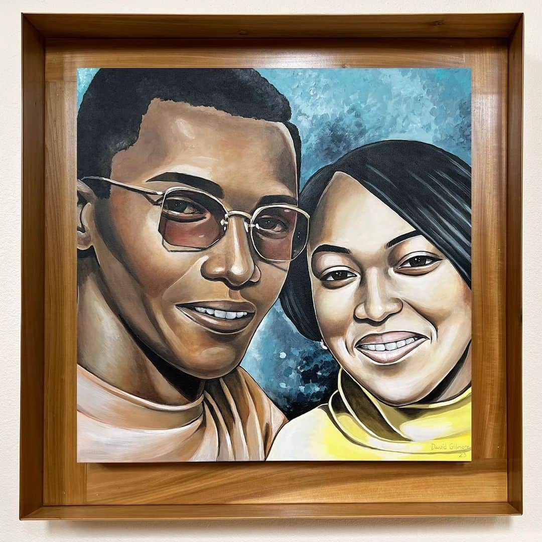 デヴィッド・ギルモアのインスタグラム：「Here’s a little show and tell. Two portraits I recently completed of my other parents. The first is before they were married and the second is a more recent depiction. Both 30” x 30” acrylic on canvas with beautiful frames by @etnaikk. My photos don’t do the frames justice.  ❤️❤️ #thenandnow #thenandnowportrait #parentportraits #acrylicpainting」