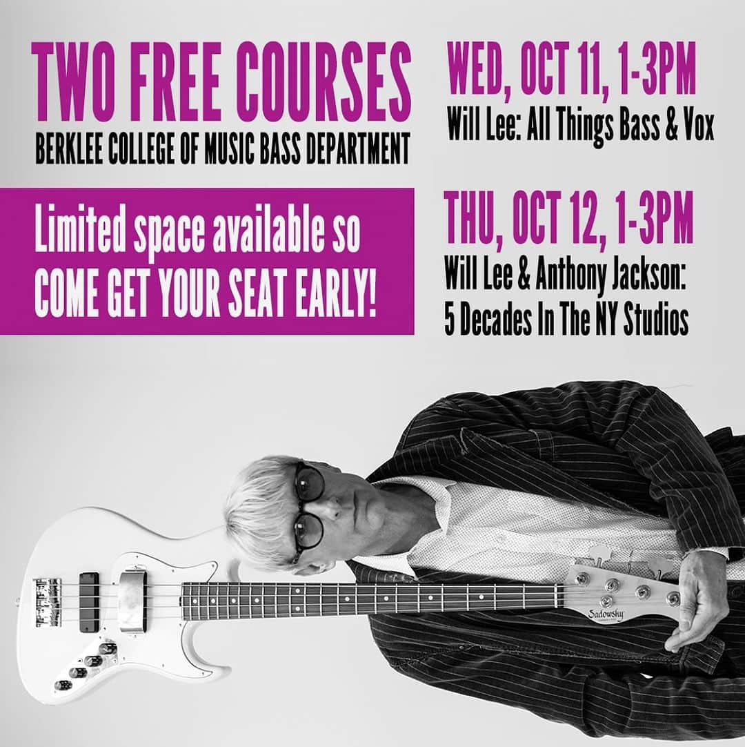 ウィル・リーのインスタグラム：「Friends, I'm honored to say that I'll be teaching two FREE courses for the Berklee College of Music Bass Department this Wednesday and Thursday, Oct 11 & 12! 🙏🏻  🔹Wed, Oct 11, 1-3pm: Will Lee: All Things Bass & Vox (Oliver Colvin Recital Hall, 1W, 1140 Bldg)  🔹Thurs, Oct 12, 1-3pm: Will Lee & Anthony Jackson: 5 Decades In The NY Studios (Oliver Colvin Recital Hall, 1W, 1140 Bldg)  Limited space so come get your seat early! ⏱️  #WillLee #BerkleeCollege #ThisBoysLife #BassClasses」