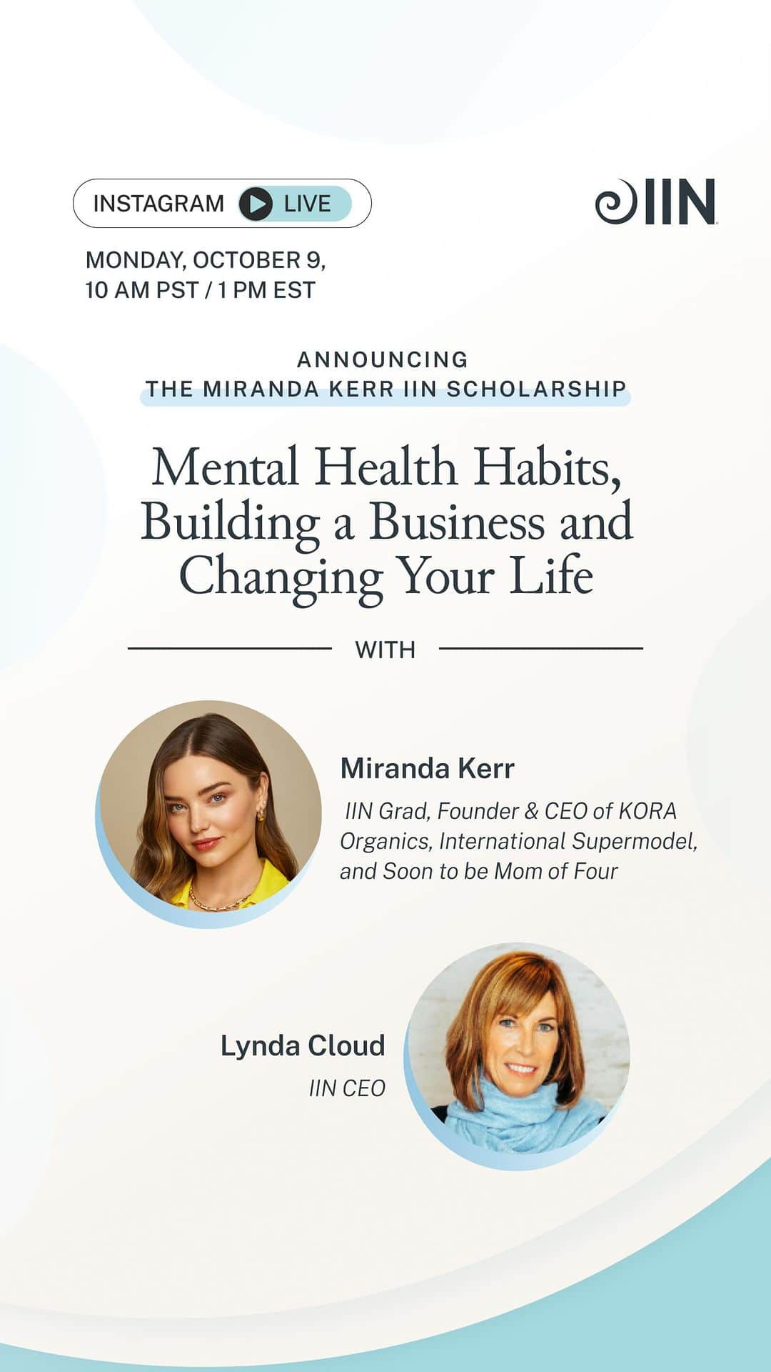 ミランダ・カーのインスタグラム：「Mental health habits, business building, and changing your life with IIN alum @MirandaKerr and IIN CEO @LyndaCloud. 🎙 Ahead of World Mental Health Day, Miranda shared her tips on how to infuse our bodies with love, joy and positivity AND shared details on the third annual Miranda Kerr IIN Scholarship!  Take a listen to learn more and head to our link in bio to apply today! Apply before 11:59pm EST on Wednesday, October 11th. Two winners will be selected to enroll in the Health Coach Training Program. Good luck!」