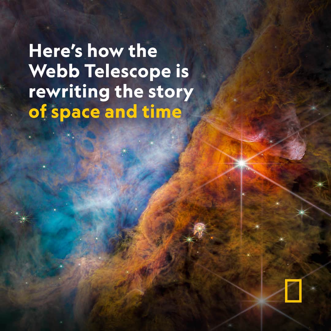 ナショナルジオグラフィックのインスタグラム：「Learn more at the link in bio.  NASA’s Webb telescope is pulling back the curtain on the earliest galaxies, which are more numerous and brighter than expected—revealing a frenetic opening to the saga of space and time. #WorldSpaceWeek  Composite by ESA/WEBB, NASA, CSA, M. ZAMANI (ESA/WEBB), PDRS4ALL ERS TEAM」
