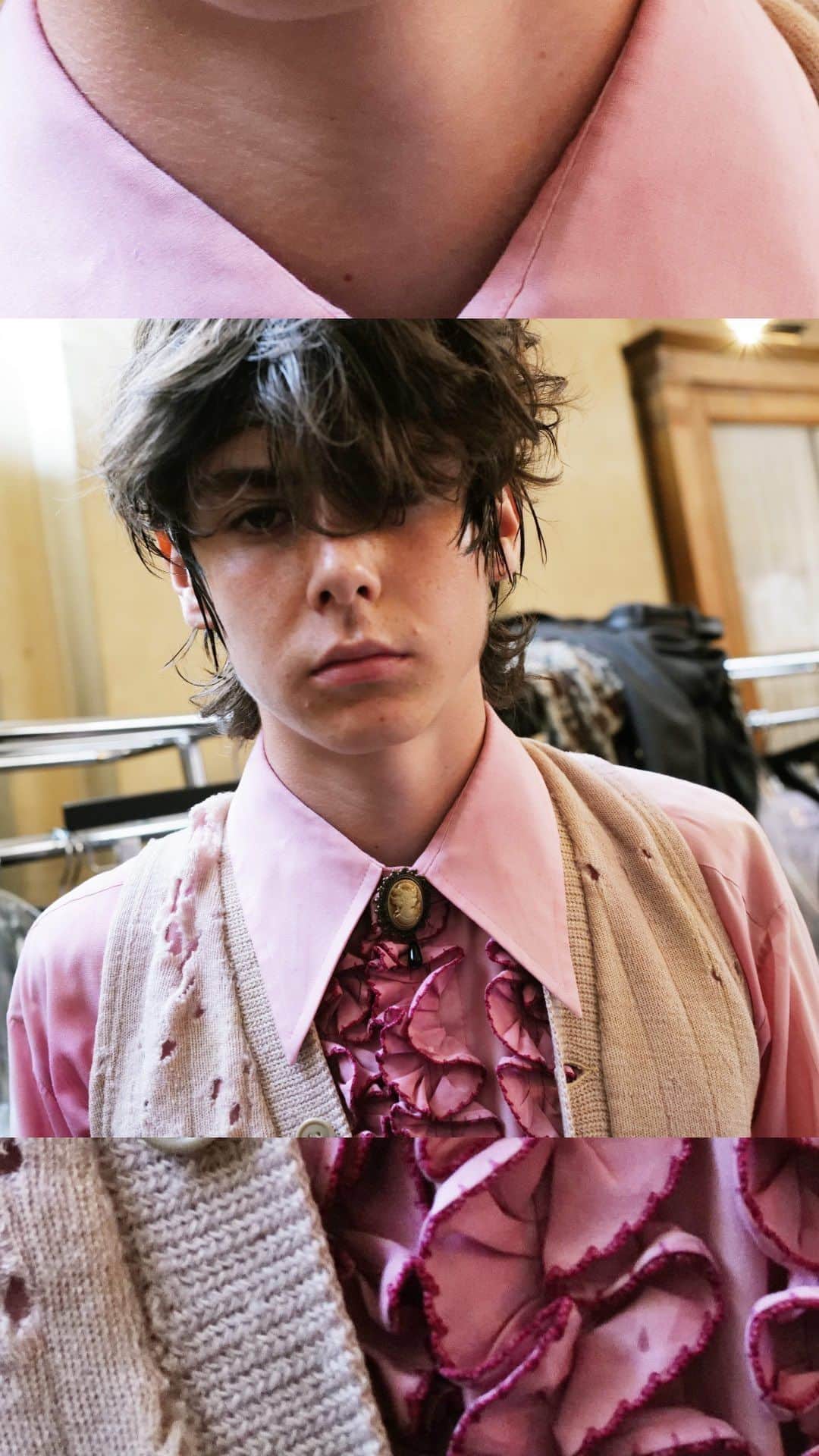 Fashion Weekのインスタグラム：「#EnfantsRichesDeprimes’ latest told the story of Americans lost in Europe—but also, it seemed, lost in time. From the shredded ringer tees and bondage-inspired harnesses, ‘80s punk influences abounded, recalling Westwood, but with a touch of LA.」
