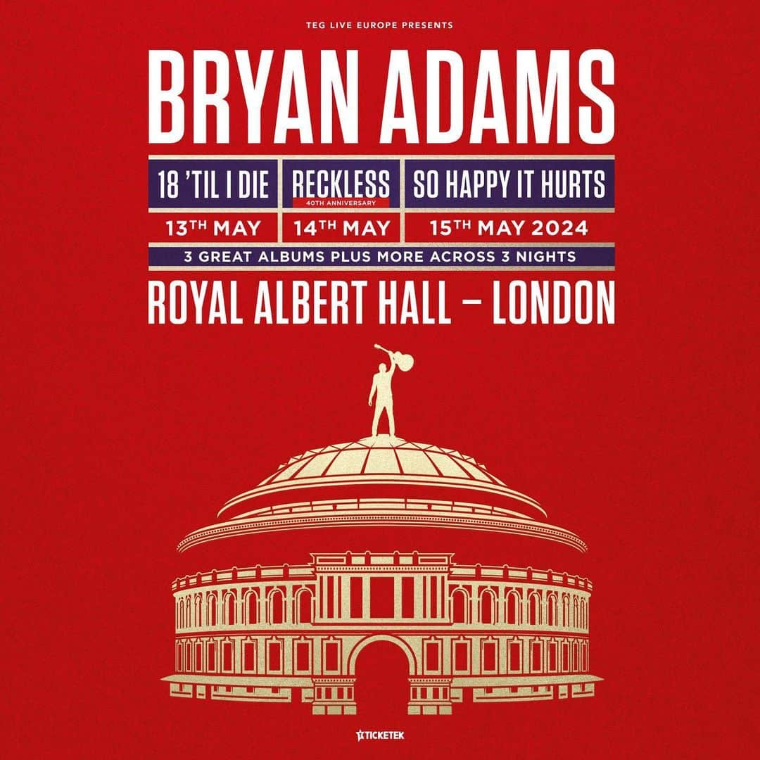 ブライアン・アダムスのインスタグラム：「3 more shows and 3 more albums at @royalalberthall next year. Tickets presales are Wednesday & Thursday. Public on sale this Friday 9am. #bryanadamsreckless #bryanadamssohappyithurts #bryanadams18tilidie」