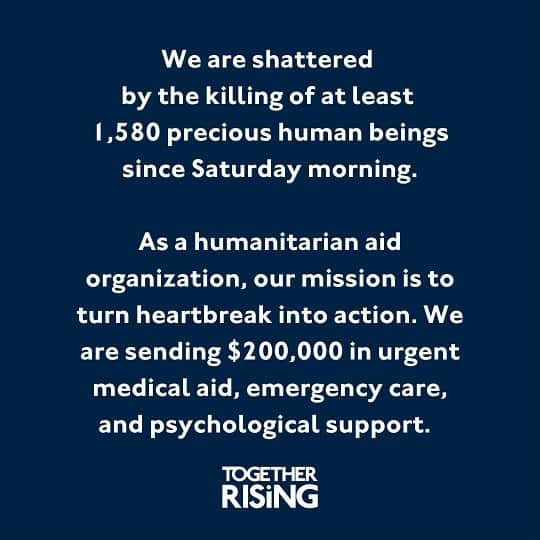 アビー・ワンバックのインスタグラム：「We are shattered by the killing of at least 1,580 precious human beings since Saturday morning.  As a humanitarian aid organization, we grieve the murder of every baby, child, parent, elder – human being.   This week, @together.rising is investing $200,000 in urgent medical aid, emergency care, and psychological support to organizations serving those civilians across Israel and Palestine whose lives have been shattered by the excruciating bloodshed.」