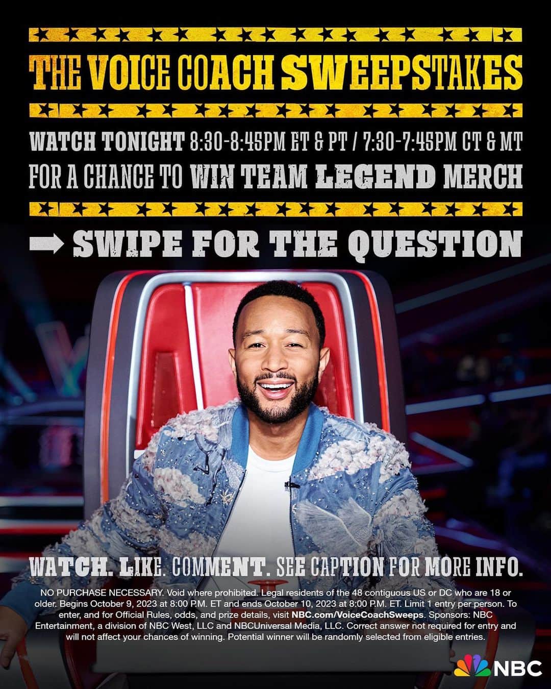 ジョン・レジェンドのインスタグラム：「CLOSED. Team Legend fans are you ready?! 🌟 Tune in to tonight’s episode at the time listed below for your time zone in order to answer the question on the next slide. Like this post and comment your answer below to enter for the chance to win Team Legend's exclusive jacket! Link in bio for Official Rules.  Eastern: 8:30 to 8:45 PM ET Central: 7:30 to 7:45 PM CT Mountain: 7:30 to 7:45 MT Pacific: 8:30 to 8:45 PT  A correct answer is not required to receive your entry and will not affect your chances of winning. Potential winner will be randomly selected from eligible entries. Entry period ends Tuesday October 10 8pm ET \ 5pm PT.」