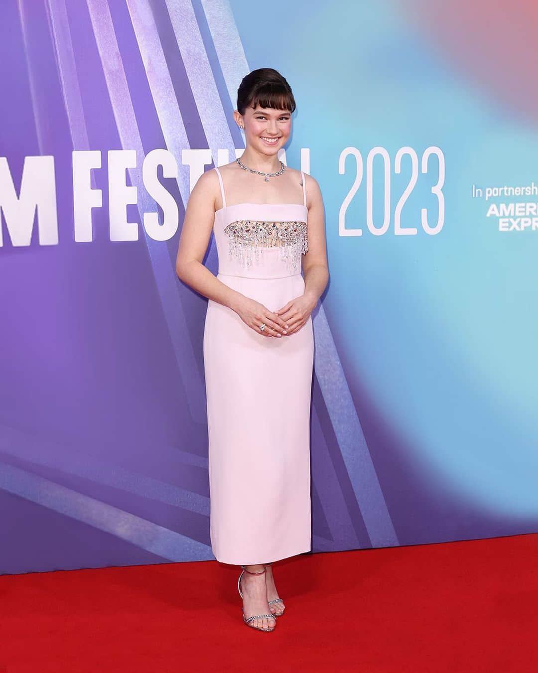 のインスタグラム：「@CaileeSpaeny wore a Miu Miu lavender sablé satin gown embellished with fringed crystal embroidery during the “Priscilla” première at the 67th BFI London Film Festival at the Royal Festival Hall on October 9th, 2023, in London, England.  #MiuMiu #MiuMiuClub」