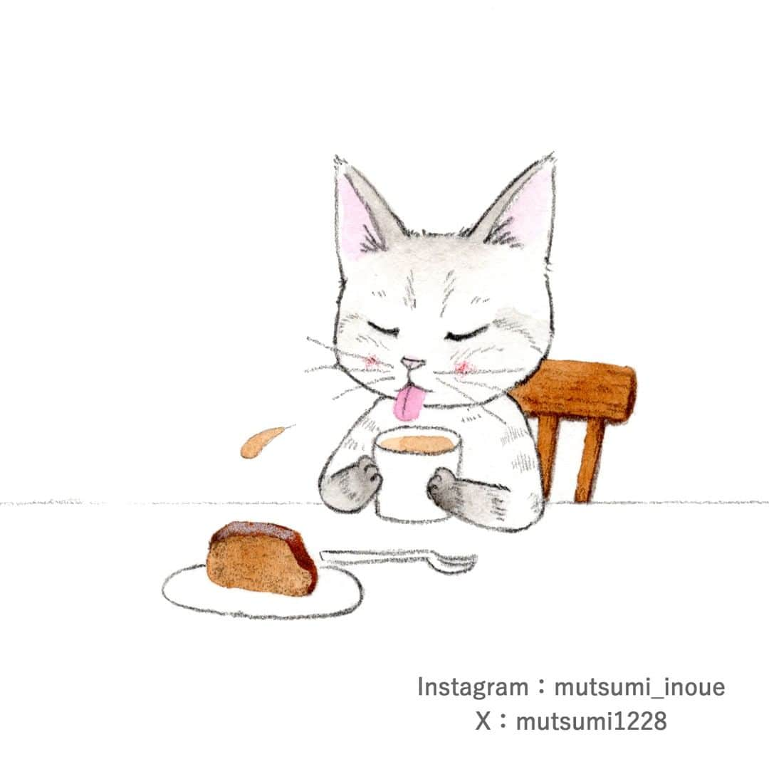 いのうえむつみさんのインスタグラム写真 - (いのうえむつみInstagram)「シオちんのティータイム。  新作絵本の原画をカキカキ中～😊 別のことで先にやっておいた方がいいかなってことがあるけど、昨日と今日はお絵描き気分なので、こっちの作業をしています。  シオちんのおやつはチョコケーキにしました（私が好きだから💗ケーキはチョコ系とキャラメル系が好き）。  この絵を描きながら思い出した。 自分がチビのころ（４，５歳）、テレビでワンコやニャンコが水をペロペロ飲んでる姿を見て「おいしそう～♪」って思って真似してみた。 やらなかった？🤣 親の前でやったら怒られるだろうなって思って、ひとりでこっそりやってみた。 飲みづらかったので１回試してやめました😊笑  ------------------- 【😽猫さんアート・オーダー受付中⭐️】 オーダーは、プロフィール欄のリンクツリー、「アートショップ」よりお申し込みくださいませ。  (猫さん以外をご希望の方はDMからご相談下さいませ😃)  現在３サイズ扱っています。 それぞれ内容も異なりますので、詳しくはアートショップでご確認下さい。 「お気に入りのオモチャなど一緒に描いて欲しい」等、ご希望ある方はDMからお問い合わせお願いいたします。(追加料金となる場合があります)  お誕生日、うちの子記念日など、「この日に間に合うように」と言うご希望がある場合は、お早めにご依頼くださいませ💕 ２ヶ月くらい余裕を持ってオーダーいただけると嬉しいです😃  #watercolourpainting #色鉛筆 #猫 #ねこ #ネコ #cat #catart #art 水彩 #にゃんすたぐらむ　#にゃんこ #ねこすたぐらむ #保護猫　#ねこのいる生活 #ねこ部 #catstagram #instacat #meow #猫グッズ #いのうえむつみ #mutsumiinoue #illustration #猫イラスト #シオちん #シャムミックス #タレちゃん #キジトラ」10月10日 13時54分 - mutsumi_inoue