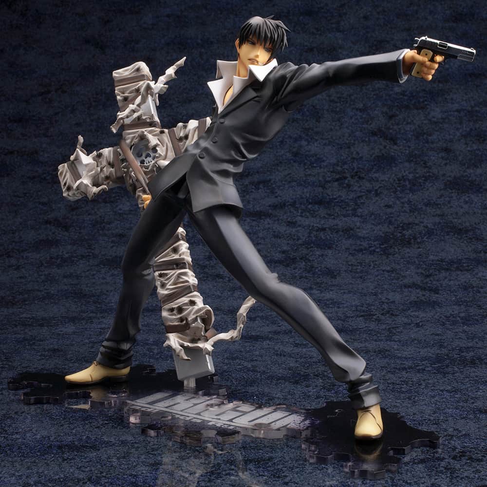 のインスタグラム：「From Trigun: Badlands Rumble, the wandering priest with his Kansai dialect, Nicholas D. Wolfwood, makes a comeback to the ARTFX J series in a renewal package version!  He comes to life gripping his gun in one hand and Punisher in the other in a dynamic stance. At his feet, the silver series logo appears in a striking clear base riddled with bullet holes.  From the posing decisions all the way down to the base, every detail of this design was proposed by Yasuhiro Nightow himself. Countless reviews and strict revisions were imposed to perfect various features, from his expression and lines of his body, to the sculpt and painting of his suit, creating this truly definitive 1/8 scale figure.  His sunglasses can also be removed.  A chibi-style, mini figure of Nightow is also included as a bonus.  The base can be displayed in three ways alongside the Vash the Stampede figure from the same series! Display them side by side to further enjoy the world of Trigun!  ©Yasuhiro Nightow/Shonengahosha, TRIGUN PARTNERS. Licensed by FlyingDog, Inc.  Available June 2024.」