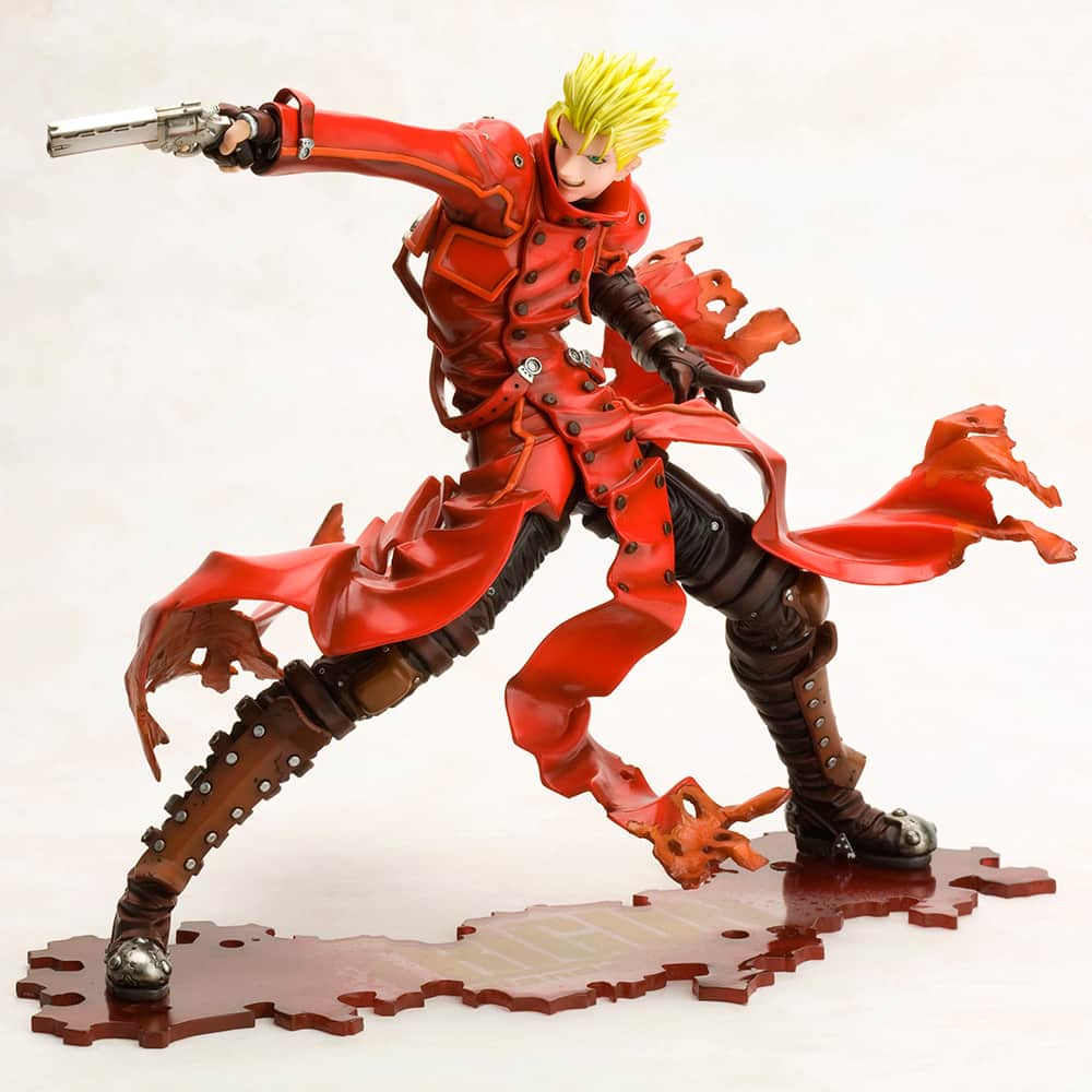 のインスタグラム：「From Trigun: Badlands Rumble, the wanderer who made a name for himself as "The Humanoid Typhoon" with a bounty of $$60,000,000,000, Vash the Stampede, makes a comeback to the ARTFX J series in a renewal package version!  He comes to life gripping his gun in one hand, taking a dynamic stance as his coat flutters around him. At his feet, the gold series logo appears in a striking clear base riddled with bullet holes.  From the posing decisions all the way down to the base, every detail of this design was proposed by Yasuhiro Nightow himself. Countless reviews and strict revisions were imposed to perfect various features, from his expression and lines of his body, to the sculpt and painting of his coat and boots, creating this truly definitive 1/8 scale figure.  Vash’s trademark sunglasses can also be removed. His iconic gun has been sculpted using 3D modeling, allowing for even the finest of details to be fully recreated.  A mini figure of Kuroneko is also included as a bonus.  Kotobukiya is proud to present this incredible figure of the kind-hearted gunman with a storied past. Add Vash the Stampede to your collection today! Love and peace!  ©Yasuhiro Nightow/Shonengahosha, TRIGUN PARTNERS. Licensed by FlyingDog, Inc.  Available May 2024.」