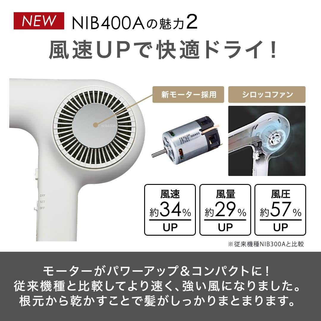 TESCOM テスコムさんのインスタグラム写真 - (TESCOM テスコムInstagram)「【NEW情報！よりパワーアップしたNIB400A新登場！】 この商品気になる！と思った方は「✨」を付けてコメント欄で教えてください✨ ・ もっと軽量・コンパクトになり、風速もアップしたNIB400A。 髪の根元から素早く乾かすことでサロン仕上がりの美しい髪へと導きます◎ 使いやすさも仕上がりもどちらもあきらめない1台です。 ・ - - - - - - - - - - - - - - - - - - - - - - - - - ●商品名：【Nobby by TESCOM】プロフェッショナル プロテクトイオン ヘアードライヤー ●品番　：NIB400A - - - - - - - - - - - - - - - - - - - - - - - - - ・ --------------------------------------------------- サロンシェアNo.1*ドライヤーメーカーのテスコム公式アカウントです。 Nobby by TESCOM、elims、Speedomなどのブランドをメインに紹介していきます。 → @tescom_beauty *2022年2-3月 ㈱セイファート調べ ・ プロ用Nobbyに関する情報は @tescom_pro 料理レシピ・キッチン家電に関する情報は @tescom_kitchen にてご紹介中！ こちらも合わせてチェックしてみて下さい。 --------------------------------------------------- #tescom #テスコム #ノビーバイテスコム #nobbybytescom #ヘア #髪 #ヘアー #美髪 #ヘアセット #ヘアケア #ヘアケア好き #ヘアケア用品 #ヘアケアグッズ #ヘアアイテム #美容男子 #美容女子 #美容好き #美容マニア #美容家電 #家電 #家電好き #家電マニア #ドライヤー #ヘアドライヤー #ヘアードライヤー #ヘアドライ #時短 #ドライヤー時間短縮 #プロテクトイオン #サロンクオリティ」10月10日 19時00分 - tescom_beauty