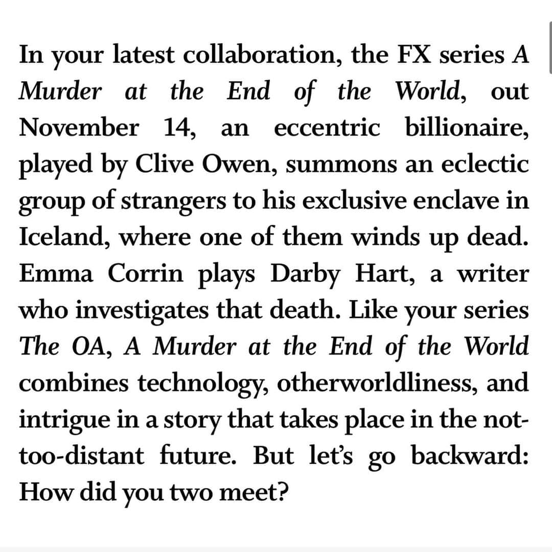 ブリット・マーリングさんのインスタグラム写真 - (ブリット・マーリングInstagram)「Zal and I have been writing stories in one way or another since I was 18. Our next tall tale and my directorial debut drops nov 14 - A MURDER AT THE END OF THE WORLD starring @emmalouisecorrin @harrisdickinson #cliveowen. Many thanks to #lynnhirschberg — a true original — for including us in @wmag Original’s Issue 🪭 and to @saramoonves — remember our very first shoot together? ❣️  Photography: @clarazara  Styling: @rebeccarams  Written by: #lynnhirschberg  Hair: @laini_reeves  Makeup: @sarahuslan  W Magazine Vol 5. Originals Issue」10月11日 5時45分 - britmarling