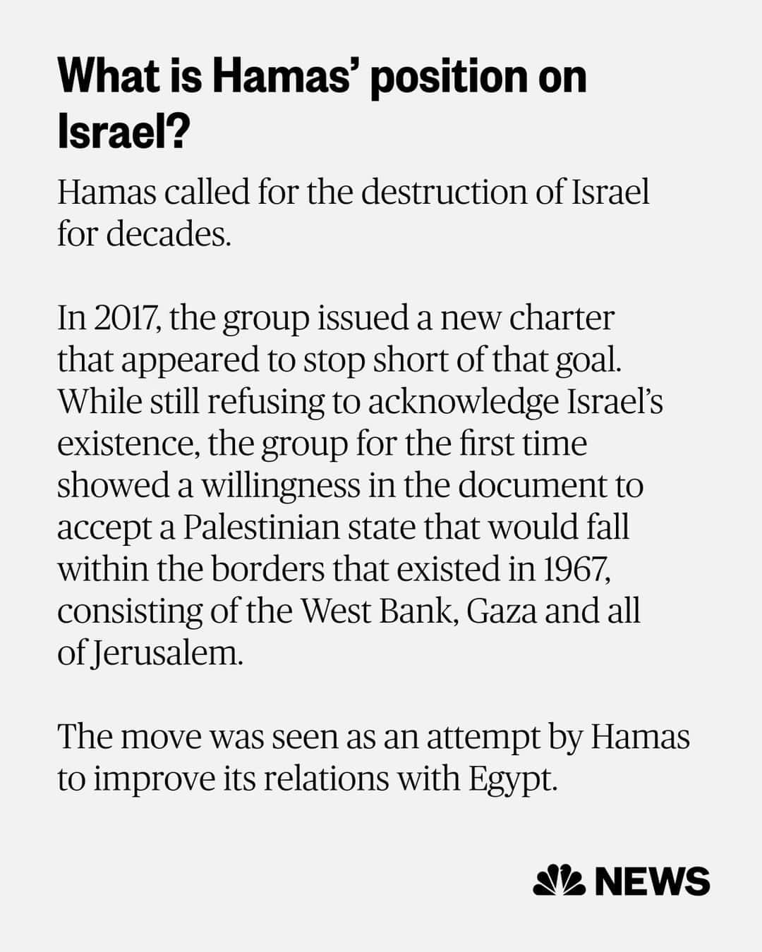 NBC Newsさんのインスタグラム写真 - (NBC NewsInstagram)「Founded in 1987 during an uprising against Israel’s occupation of Gaza and the West Bank, Hamas was originally a branch of the Muslim Brotherhood, an Islamist political and social movement originating in Egypt. In recent years, Hamas has distanced itself from the Brotherhood.  Read more at the link in bio.」10月11日 6時10分 - nbcnews