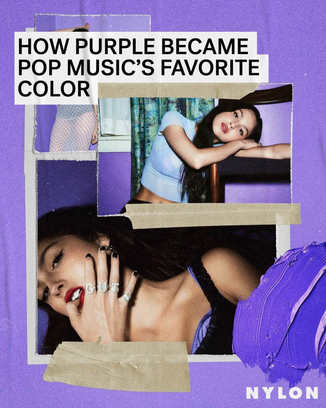 Nylon Magazineのインスタグラム：「From Prince's 'Purple Rain' to Olivia Rodrigo's 'GUTS,' there’s a long history of musicians using purple to solidify their identity and sound. But why is that? At the link in bio, @MargeGFarrell deep-dives into the history of purple — investigating the color's appearance throughout every decade in pop music, and its subtle shifts in meaning.」