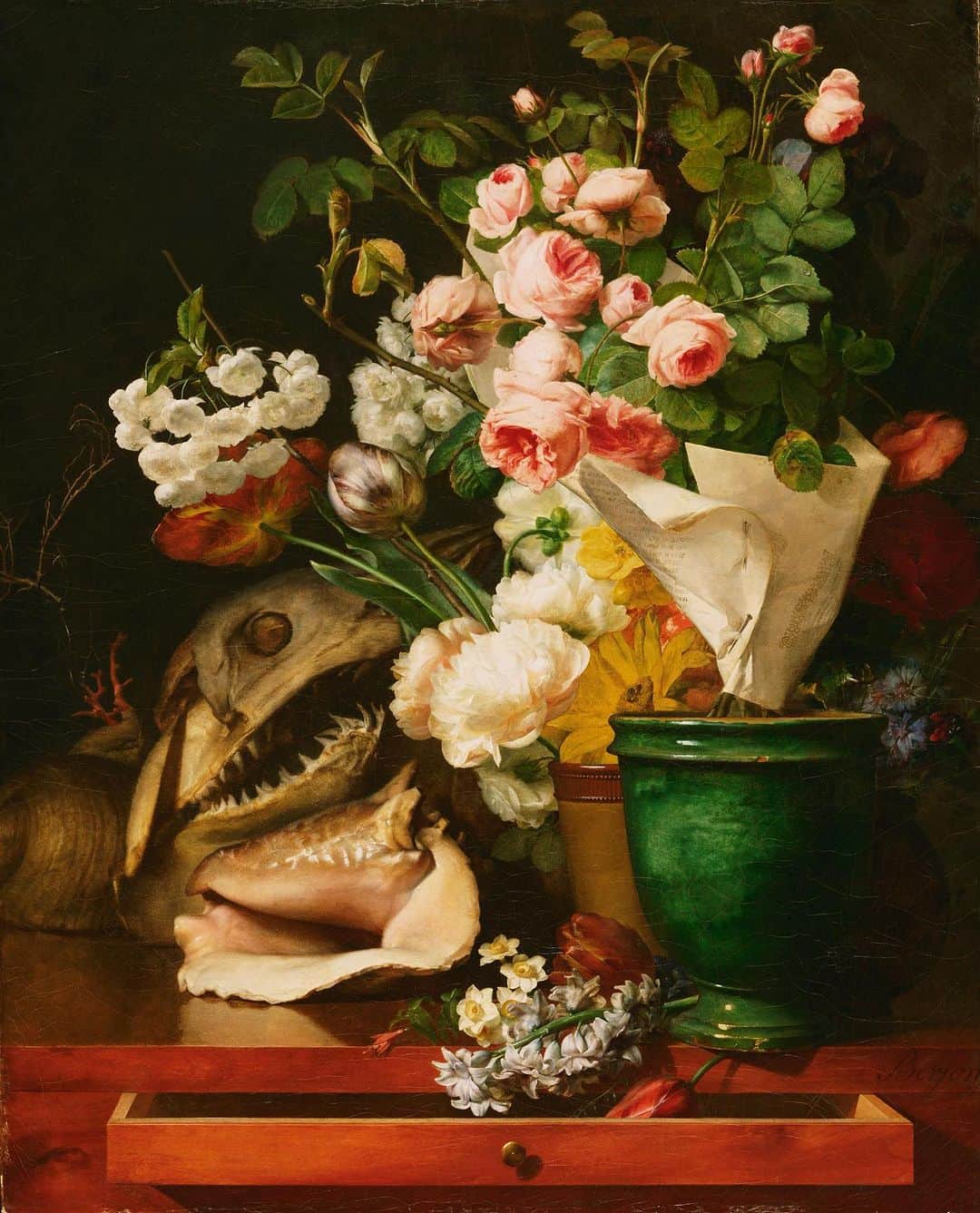 のインスタグラム：「The perfect spooky still life doesn’t exi-   “Still Life with Flowers, Shells, a Shark's Head, and Petrifications,” 1819, Antoine Berjon  #halloween #philamuseum #stilllifepainting」