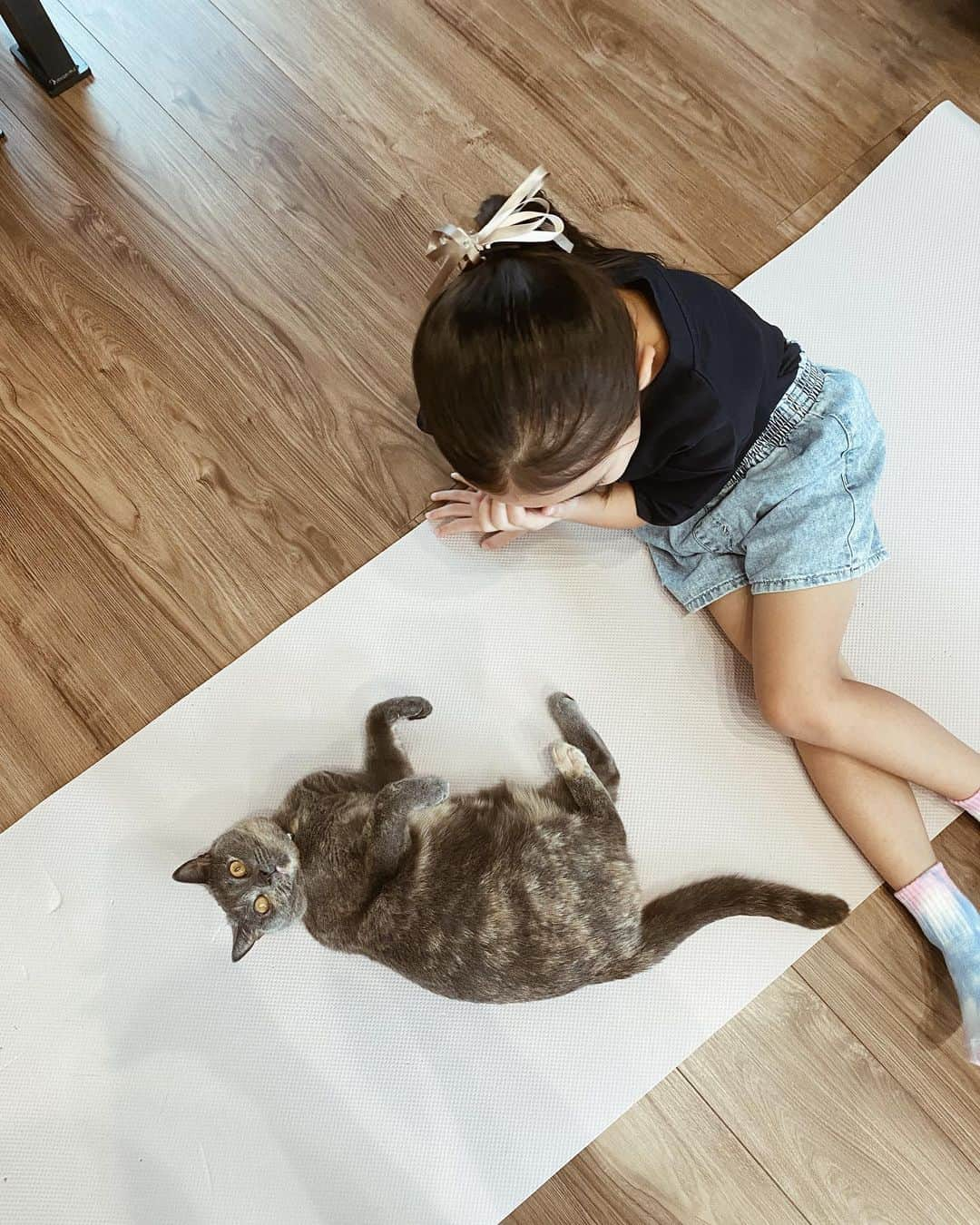 石塚絵梨のインスタグラム：「🐈‍⬛🤍👧  ラテちゃんはいつも娘の近くにいる🥰 この日は習い事、オンラインレッスンだった日🐈‍⬛」