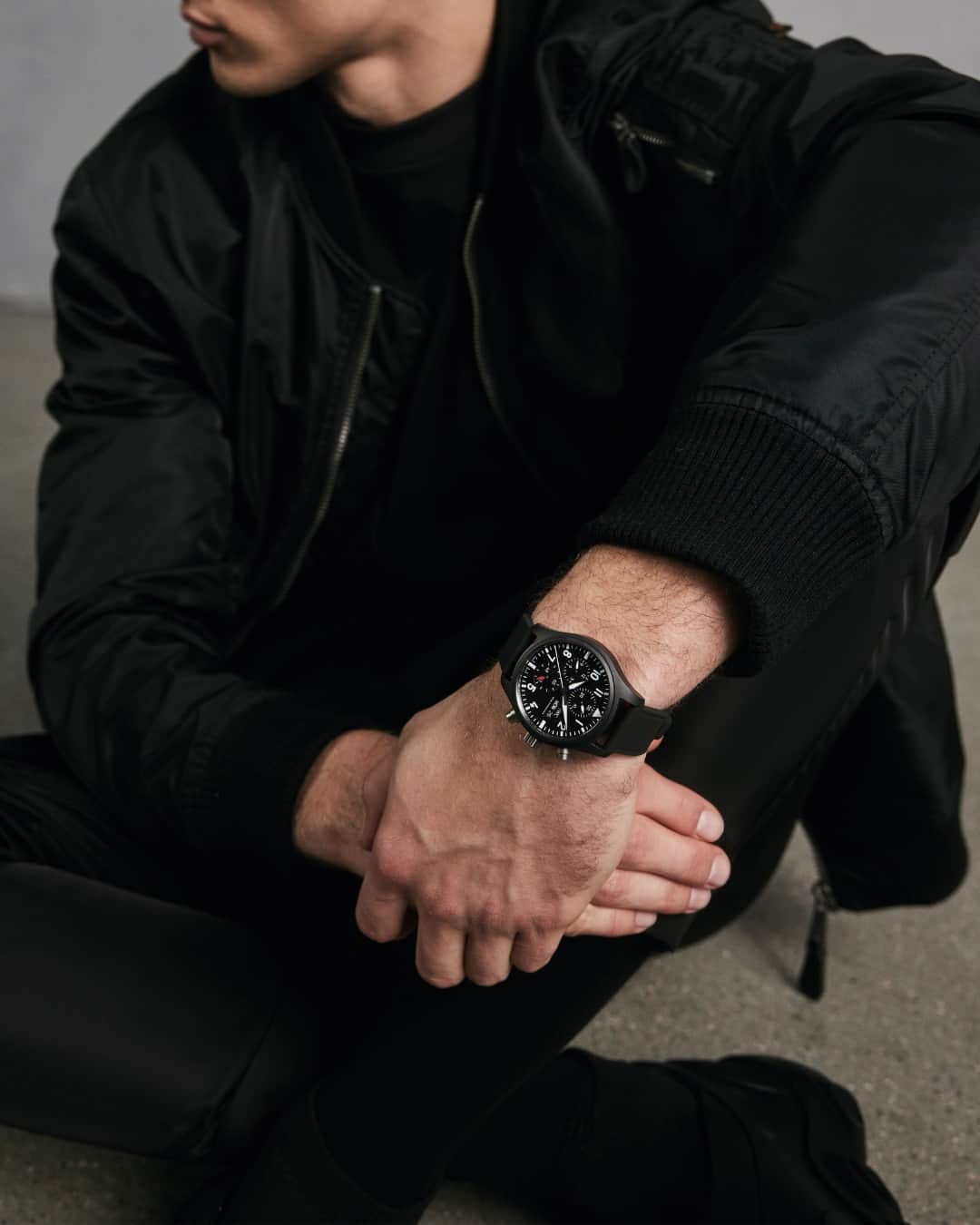 IWCのインスタグラム：「Crafted to captivate.⁣  The stealthy, monochromatic design of the Pilot’s Watch Chronograph 41 TOP GUN is perfectly matched with Super-LumiNova® coated white markers and indicators for maximum contrast.  #TheReference | #IWCpilot | #IWCtopgun  🔗Link in Bio」