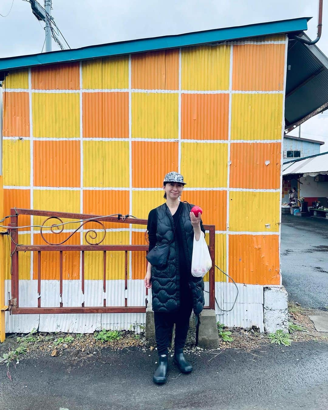 真藤舞衣子さんのインスタグラム写真 - (真藤舞衣子Instagram)「十和田に来てます。 大館空港から扇田市日まつりへ行ってりんごや比内地鶏など買いました。  この朝市の背景のオレンジとイエローが可愛くて、どうしてもこの色にしたの？って聞いたら、「鬼滅の刃の真似だー」って、えー、こっちの方が素敵よー！って笑  お昼はたまたま見つけた大衆食堂という名前の食堂の定番ラーメンがなんと馬肉で、これがなかなか良かった。  撮影も順調です🎵  #十和田のくらし十和田の料理」10月10日 23時17分 - maikodeluxe