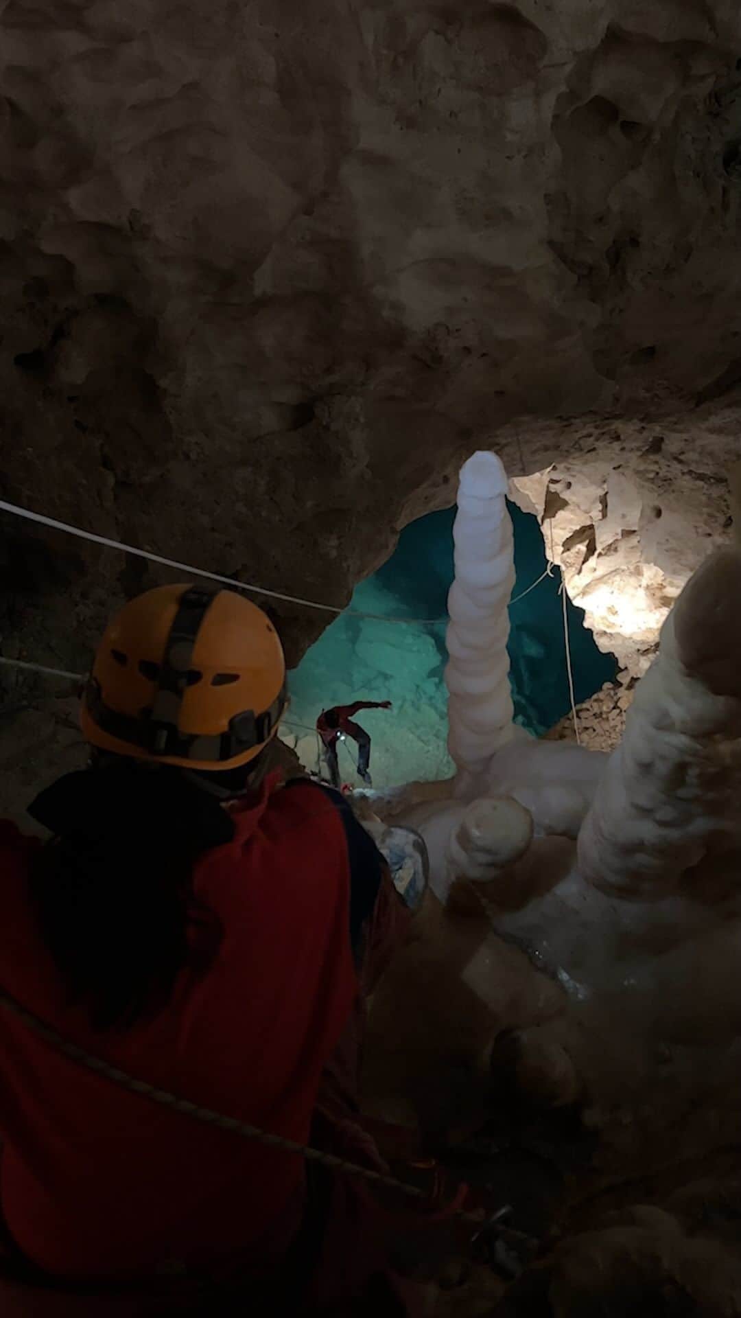 ナショナルジオグラフィックのインスタグラム：「Words by National Geographic Explorer @dr.shireenrahimi | I look down and feel a deep sense of awe. The cave’s opening forms a massive funnel, adorned with crystalline columns, leading 30 meters down to a sapphire blue but highly toxic body of water—our field site for the week. We take turns rappelling on ropes toward the inhospitable lake to search for the only form of life that can grow in it: microbes. They flourish in these oxygen-poor underwater caves—places you wouldn’t expect to find life. And they’re everywhere, hanging motionless in black, stringy mats along the cave’s tunnels.   Lead scientist Jennifer Macalady believes these microbes grow in conditions similar to when life on Earth was just starting to evolve, as well as conditions on other planets’ icy moons. By cave diving to collect physical samples and images of these microbes, we hope to gain scientific insights into not only how life on Earth evolved but also how to detect life elsewhere in our solar system.   Read the full story at the link in bio. #WorldSpaceWeek  Video by @dr.shireenrahimi, @kennybroad and Dani Buchheister @dasbuchheister」