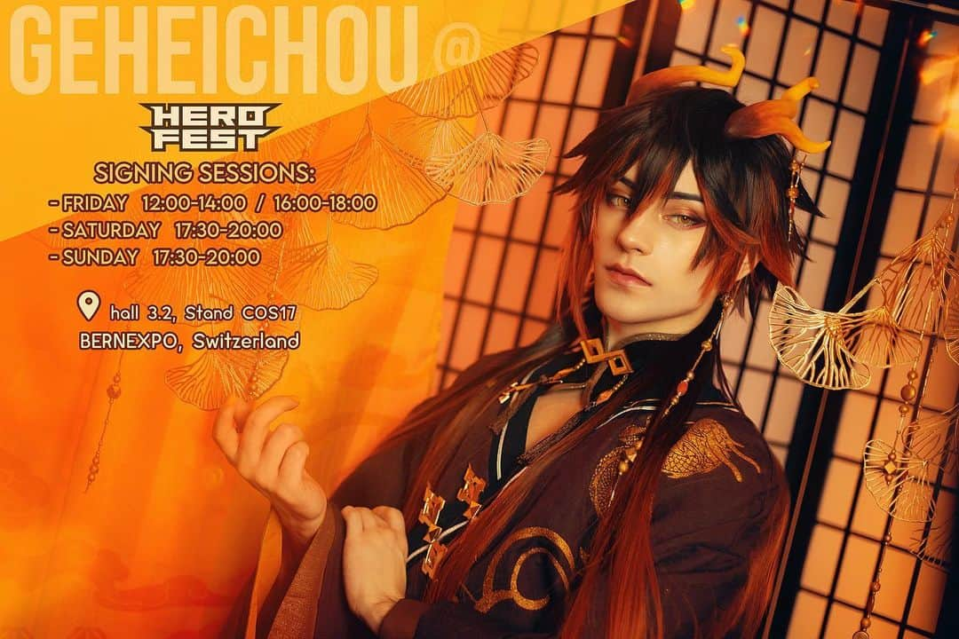 Geheのインスタグラム：「Hello Switzerland!!! Reminder that I will be at @herofestch this week!! Jumping from one con to another this month >'D but can't wait to meet you all 🖤 I will be busy saturday and sunday judging the cosplay competition for a long time but I'll make some time to be at my table by the end of the day :] see you there!  #cosplay #cosplayguest #zhonglicosplay #cosplayphotography #herofestch」