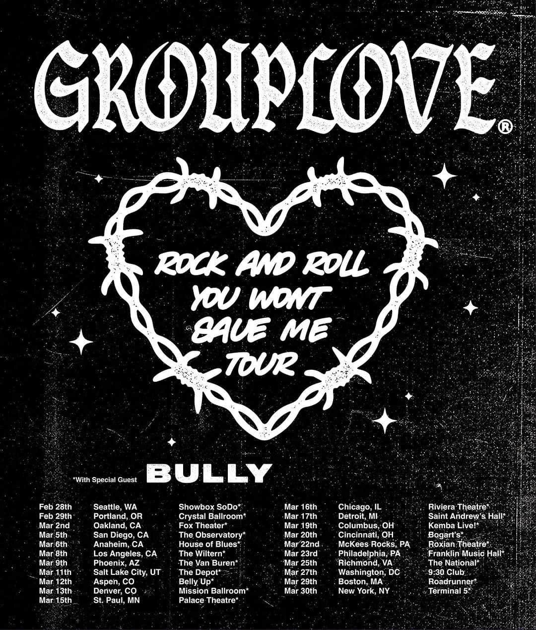 グループラブのインスタグラム：「BIG ANNOUNCEMENT! It’s tour time! We are hitting the road in Feb/March on our first headlining tour in 110 years and we are taking @bullythemusic with us!!! Are you in need of a cathartic release in a space full of love and amazing people? Then this tour is for you and for us! Thank you for your patience - it’s worth the wait. Presale starts Wednesday, October 11th at 10am local time and tickets go on sale to the public Friday, October 13th. VIP Packages are also available for all shows. Check the link in bio! 🙌❤️🙌❤️」