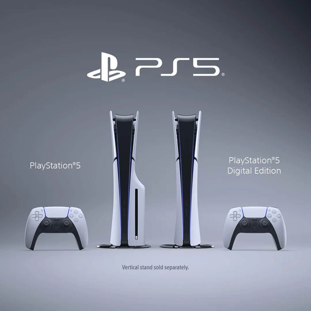 PlayStationのインスタグラム：「✨ Introducing a new look for PlayStation 5 ✨  A new PS5 model is launching this holiday season. The PlayStation engineering and design teams collaborated on a new form factor that provides greater choice and flexibility. The same technology features that make PS5 the best to play are packed into a smaller form factor, along with an attachable Ultra HD Blu-ray Disc Drive and a 1TB SSD for more internal storage.  The new PS5 has been reduced in volume by more than 30%, and weight by 18% and 24% compared to the previous models. There are four separate cover panels, with the top portion in a glossy look, while the bottom remains in matte. If you purchase the PS5 Digital Edition, you can add the Ultra HD Blu-ray Disc Drive for PS5 later, as it will also be sold separately.  Visit PS Blog for full details」