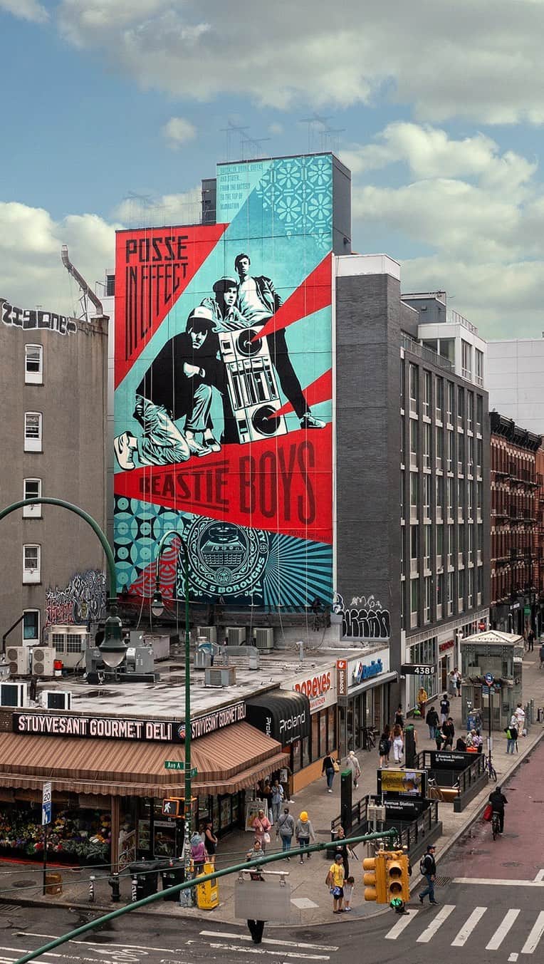 Shepard Faireyのインスタグラム：「Brooklyn, Bronx, Queens, and Staten From the Battery to the top of Manhattan Asian, Middle-Eastern, and Latin Black, White, New York you make it happen  If you’re in New York, check out the new mural the team and I finished last week at 14th and Ave A, paying tribute to @beastieboys hip-hop 50th celebration with @lisaprojectnyc. Thanks to @hardrockhotelnyc for helping make it happen! –S  #nychiphop50 #hiphop50publicartproject」