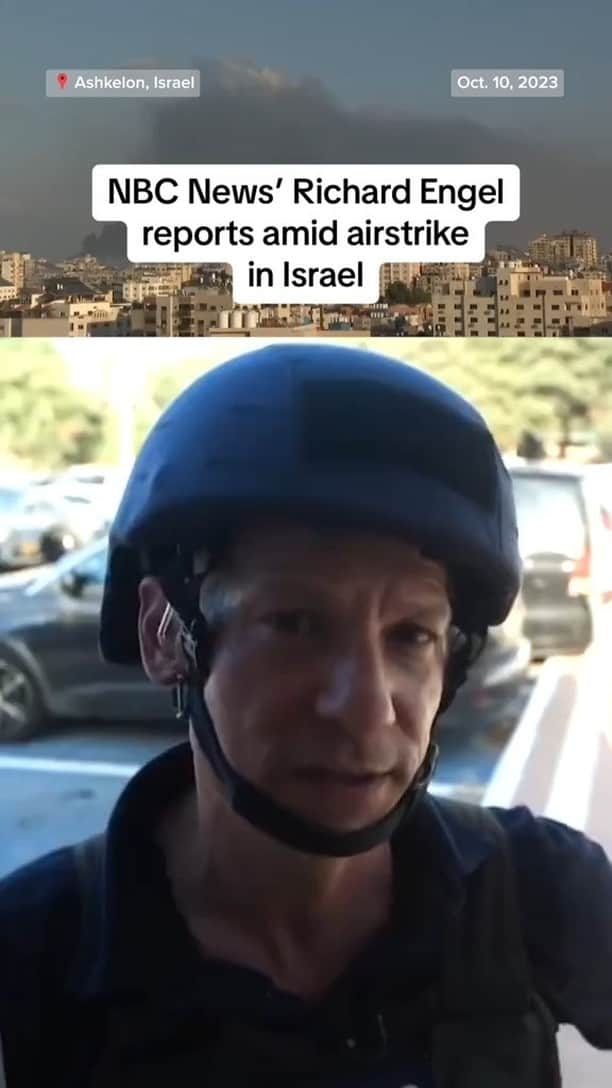 NBC Newsのインスタグラム：「NBC News’ @oarichardengel reports from the doorway of a bunker in Ashkelon, Israel, as multiple barrages of rockets fly overhead before being intercepted by the Iron Dome’s defense system.」